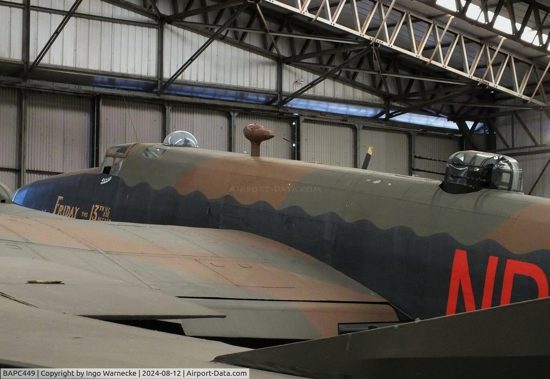 BAPC449, Handley Page HP-59 Halifax III C/N HR792, Handley Page Halifax III (composite airframe, parts from HR792, JP158, LW687 and Hastings TG536) displayed as RAF LV907 'NP F' on port side and as French AF LL553 'O H7' on starboard side, at the Yorkshire Air Museum, Elvington