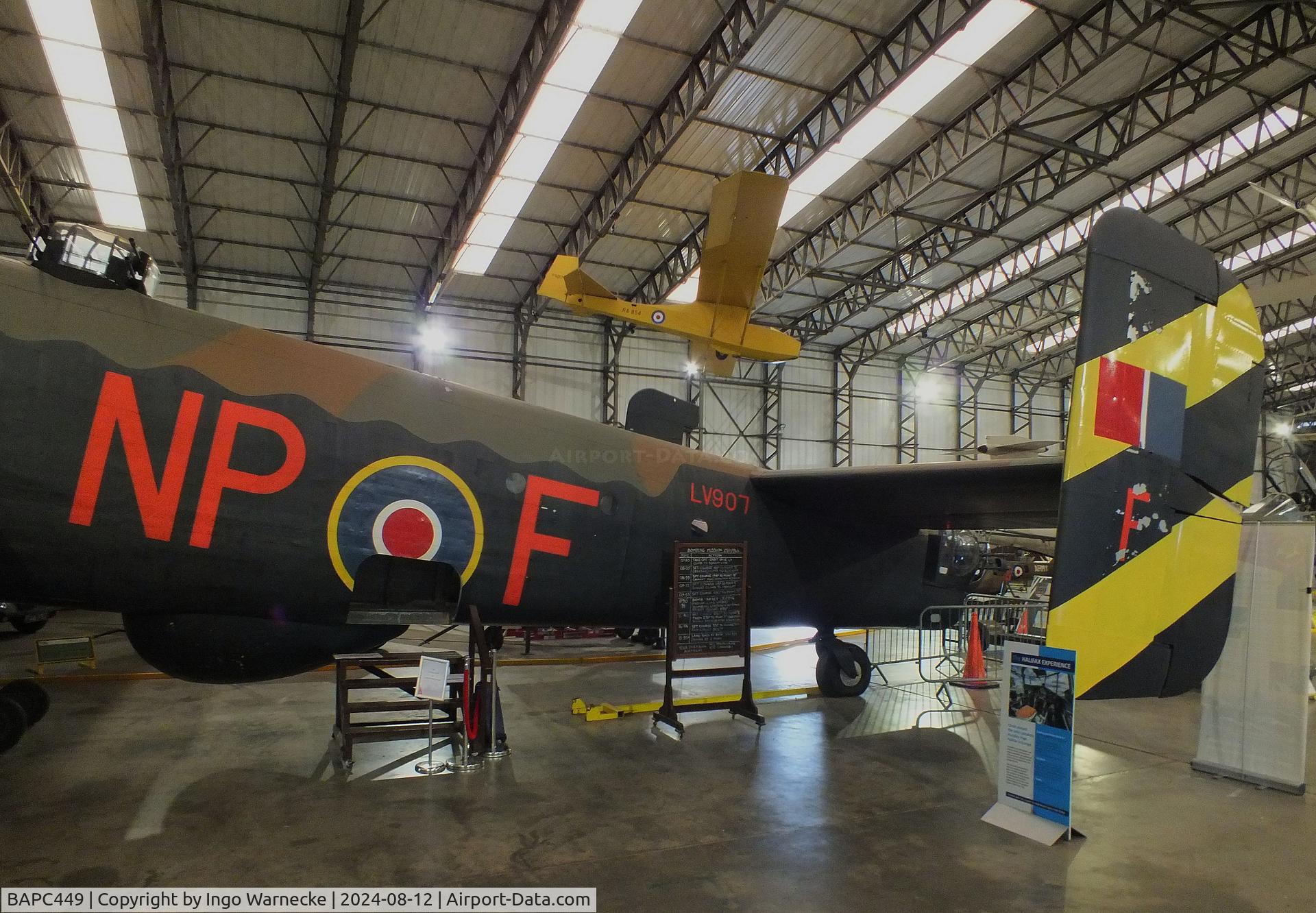 BAPC449, Handley Page HP-59 Halifax III C/N HR792, Handley Page Halifax III (composite airframe, parts from HR792, JP158, LW687 and Hastings TG536) displayed as RAF LV907 'NP F' on port side and as French AF LL553 'O H7' on starboard side, at the Yorkshire Air Museum, Elvington