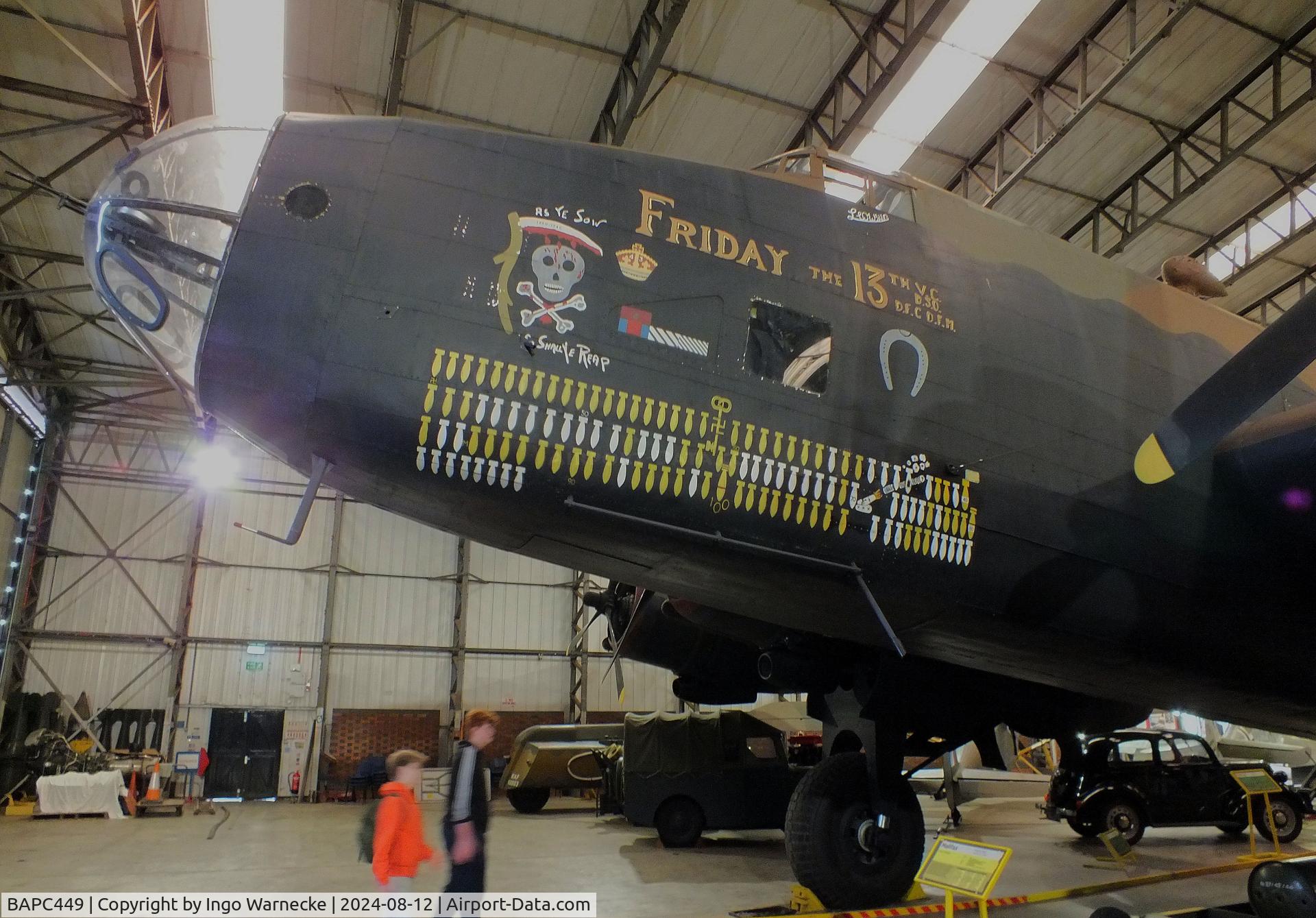 BAPC449, Handley Page HP-59 Halifax III C/N HR792, Handley Page Halifax III (composite airframe, parts from HR792, JP158, LW687 and Hastings TG536) displayed as RAF LV907 'NP F' on port side and as French AF LL553 'O H7' on starboard side, at the Yorkshire Air Museum, Elvington