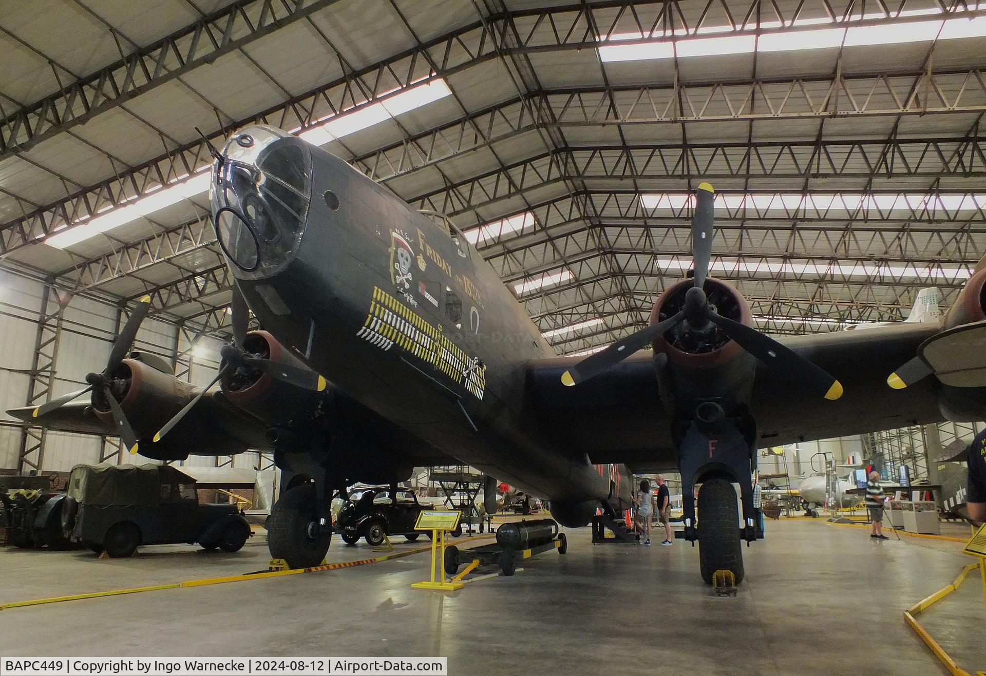 BAPC449, Handley Page HP-59 Halifax III C/N HR792, Handley Page Halifax III (composite airframe, parts from HR792, JP158, LW687 and Hastings TG536) displayed as RAF LV907 'NP F' on port side and as French AF LL553 'O H7' on starboard side, at the Yorkshire Air Museum, Elvington