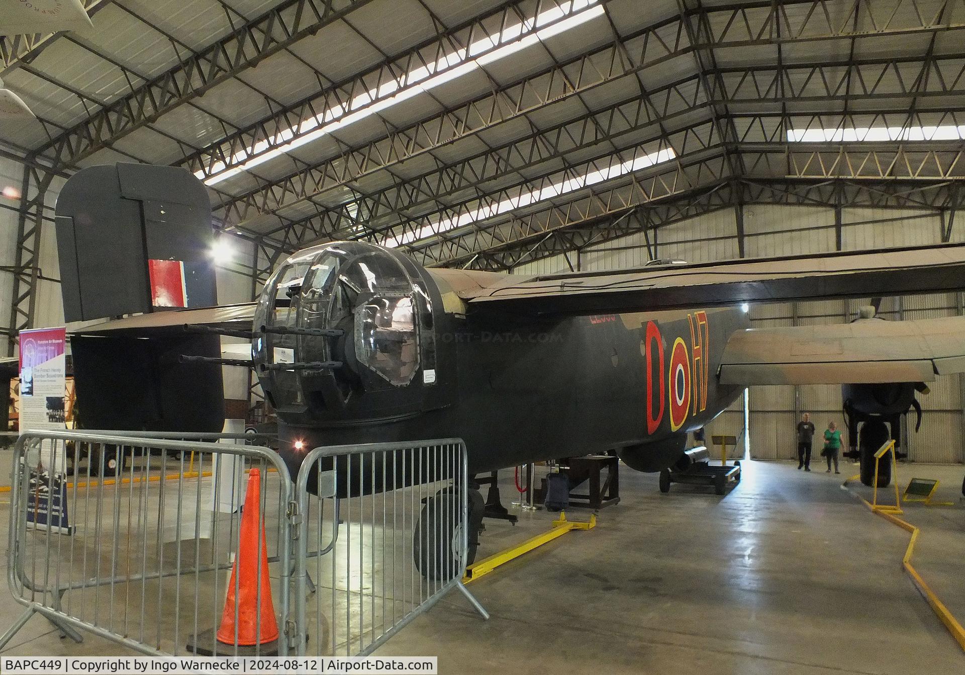 BAPC449, Handley Page HP-59 Halifax III C/N HR792, Handley Page Halifax III (composite airframe, parts from HR792, JP158, LW687 and Hastings TG536) displayed as RAF LV907 'NP F' on port side and as French AF LL553 'O H7' on starboard side, at the Yorkshire Air Museum, Elvington