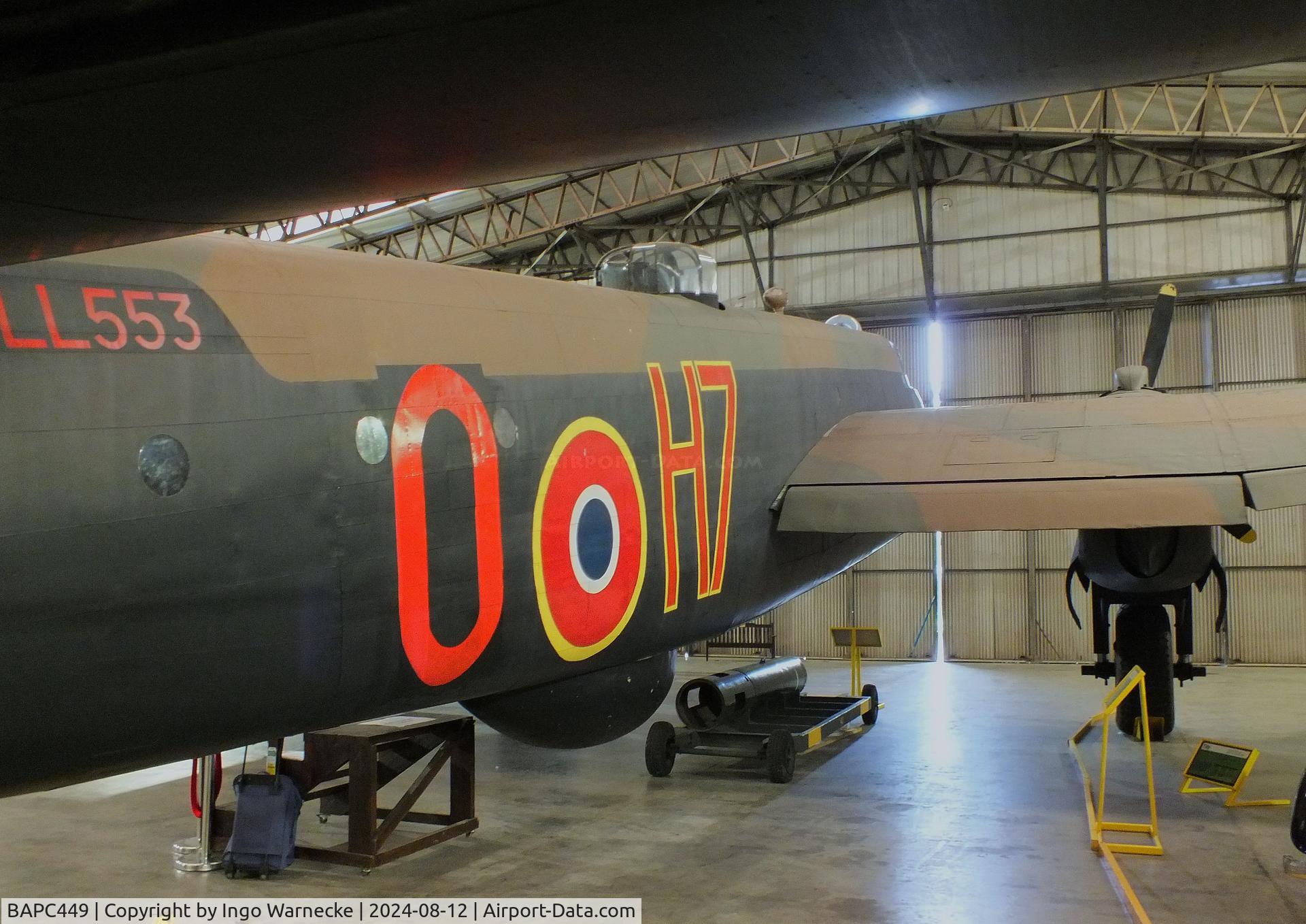 BAPC449, Handley Page HP-59 Halifax III C/N HR792, Handley Page Halifax III (composite airframe, parts from HR792, JP158, LW687 and Hastings TG536) displayed as RAF LV907 'NP F' on port side and as French AF LL553 'O H7' on starboard side, at the Yorkshire Air Museum, Elvington