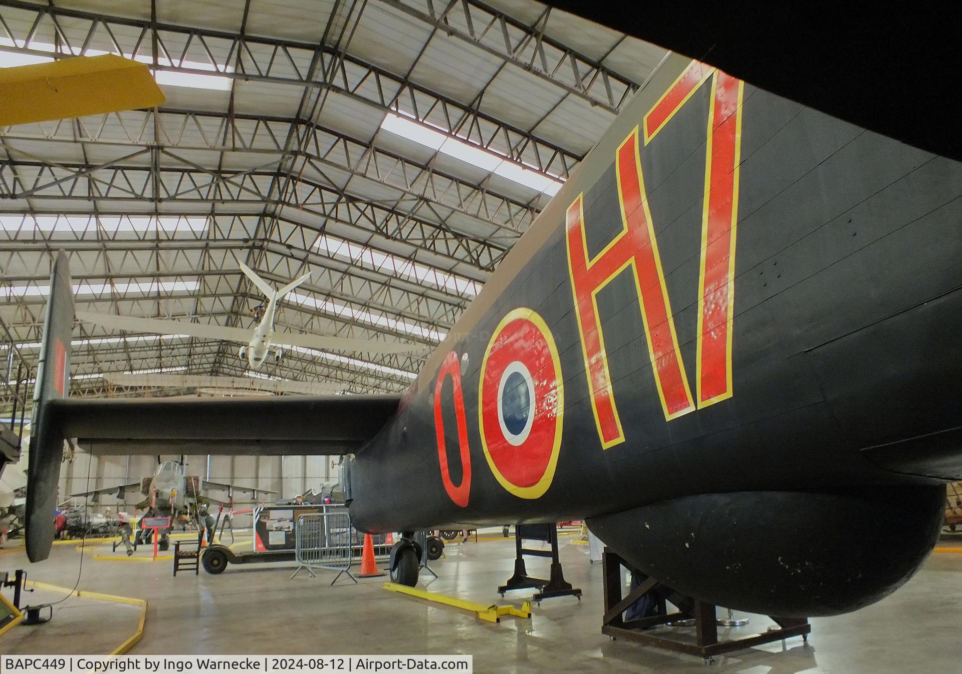 BAPC449, Handley Page HP-59 Halifax III C/N HR792, Handley Page Halifax III (composite airframe, parts from HR792, JP158, LW687 and Hastings TG536) displayed as RAF LV907 'NP F' on port side and as French AF LL553 'O H7' on starboard side, at the Yorkshire Air Museum, Elvington