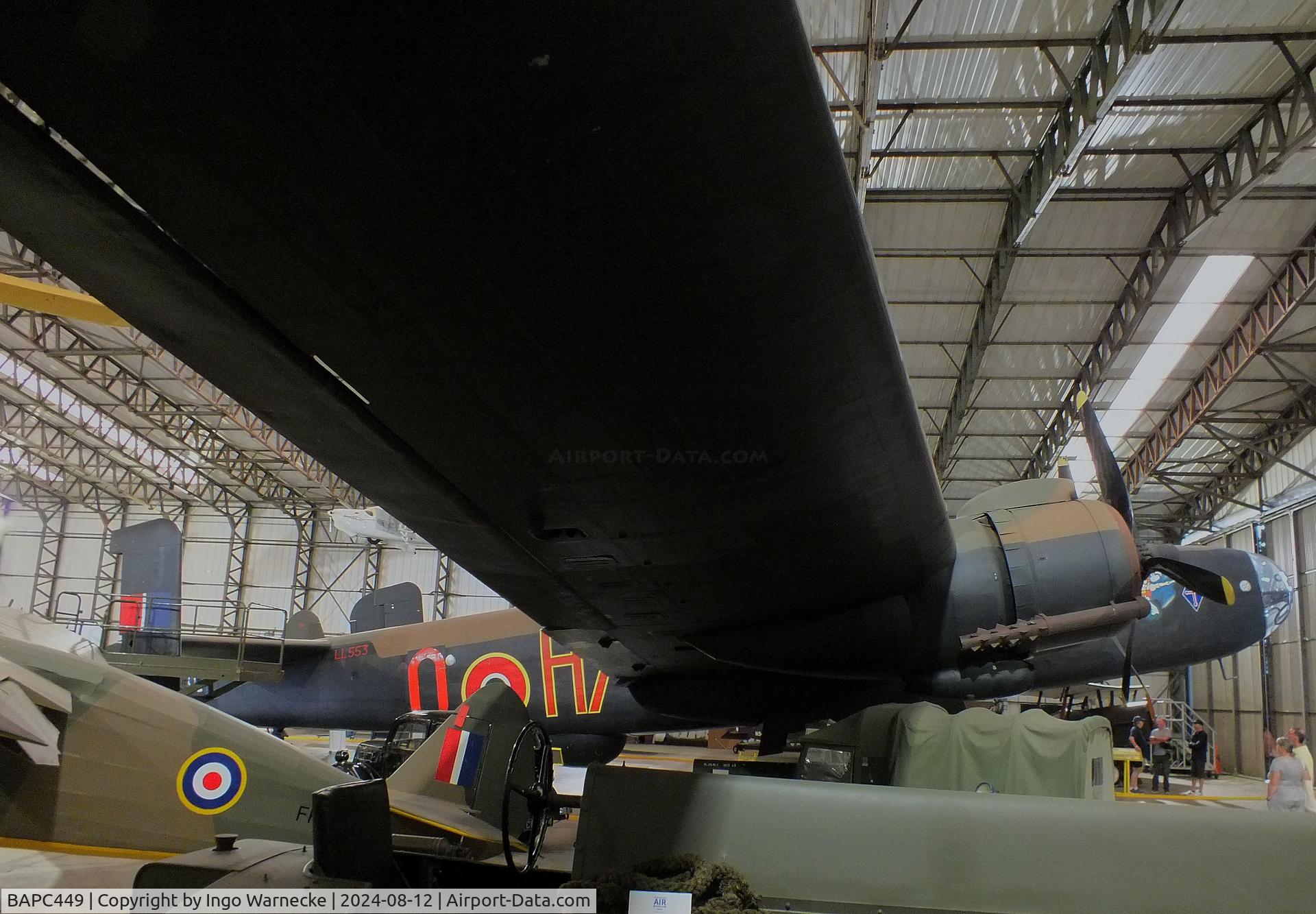 BAPC449, Handley Page HP-59 Halifax III C/N HR792, Handley Page Halifax III (composite airframe, parts from HR792, JP158, LW687 and Hastings TG536) displayed as RAF LV907 'NP F' on port side and as French AF LL553 'O H7' on starboard side, at the Yorkshire Air Museum, Elvington