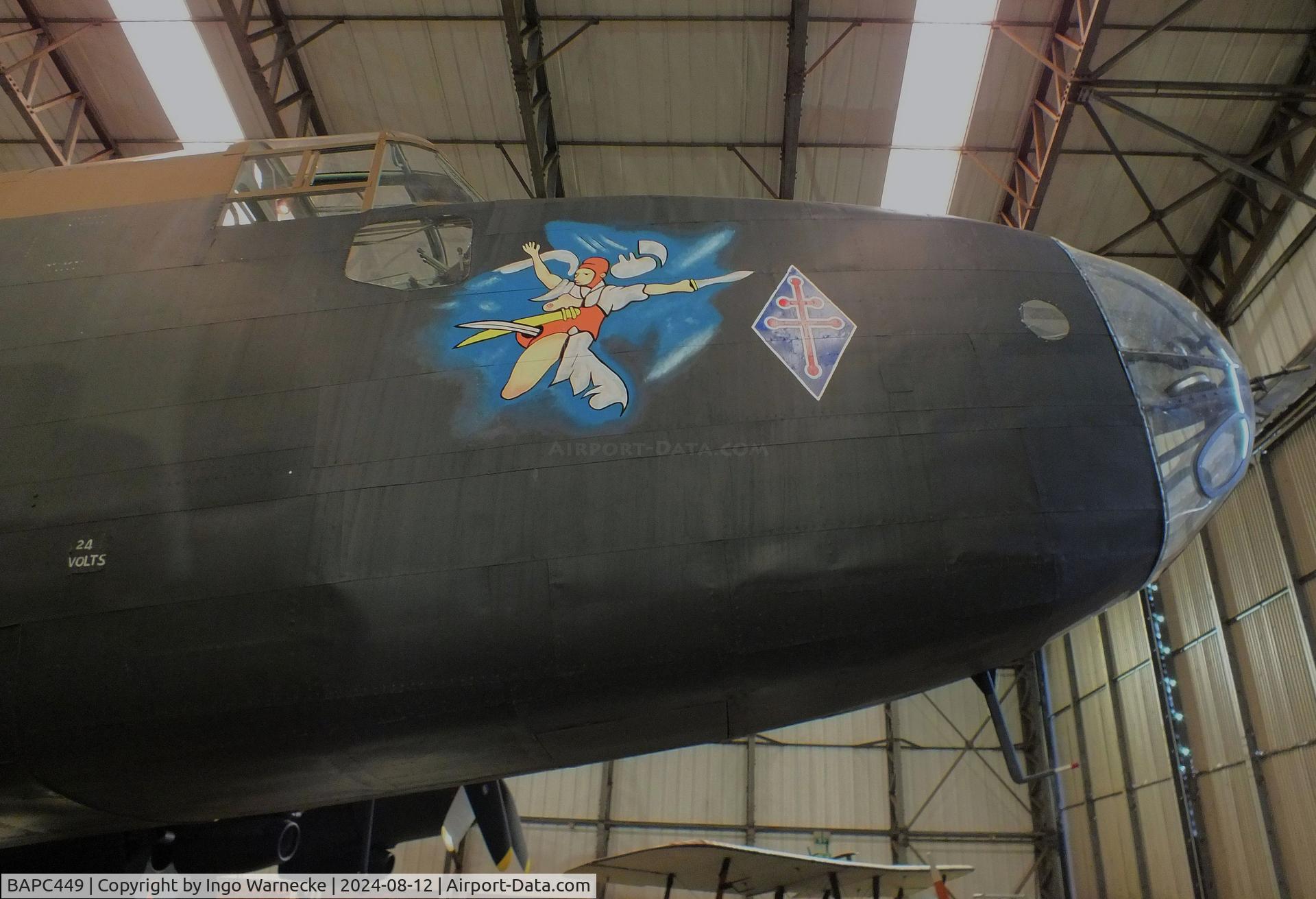 BAPC449, Handley Page HP-59 Halifax III C/N HR792, Handley Page Halifax III (composite airframe, parts from HR792, JP158, LW687 and Hastings TG536) displayed as RAF LV907 'NP F' on port side and as French AF LL553 'O H7' on starboard side, at the Yorkshire Air Museum, Elvington