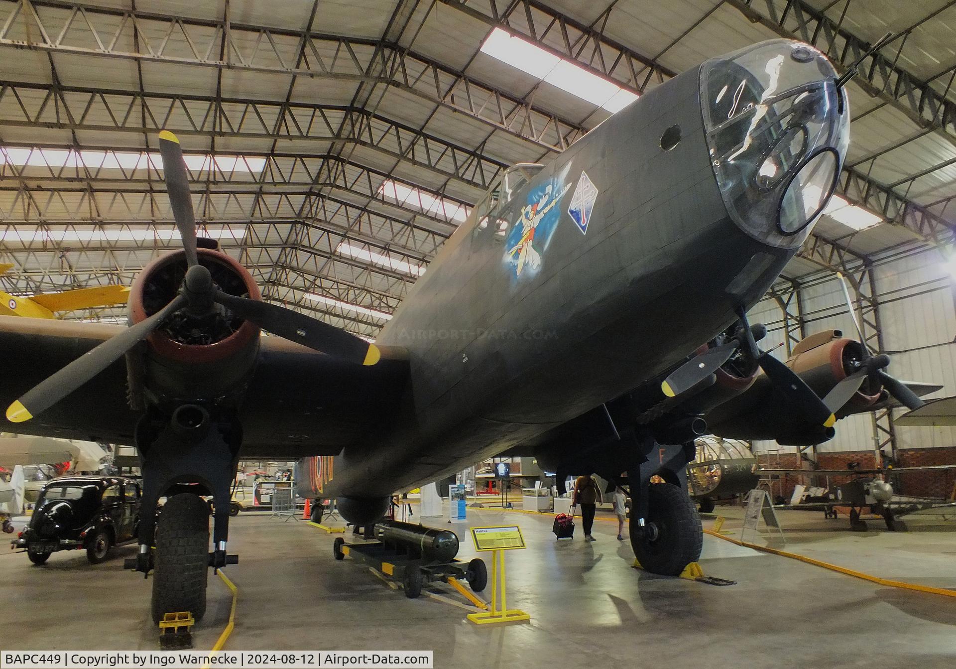 BAPC449, Handley Page HP-59 Halifax III C/N HR792, Handley Page Halifax III (composite airframe, parts from HR792, JP158, LW687 and Hastings TG536) displayed as RAF LV907 'NP F' on port side and as French AF LL553 'O H7' on starboard side, at the Yorkshire Air Museum, Elvington