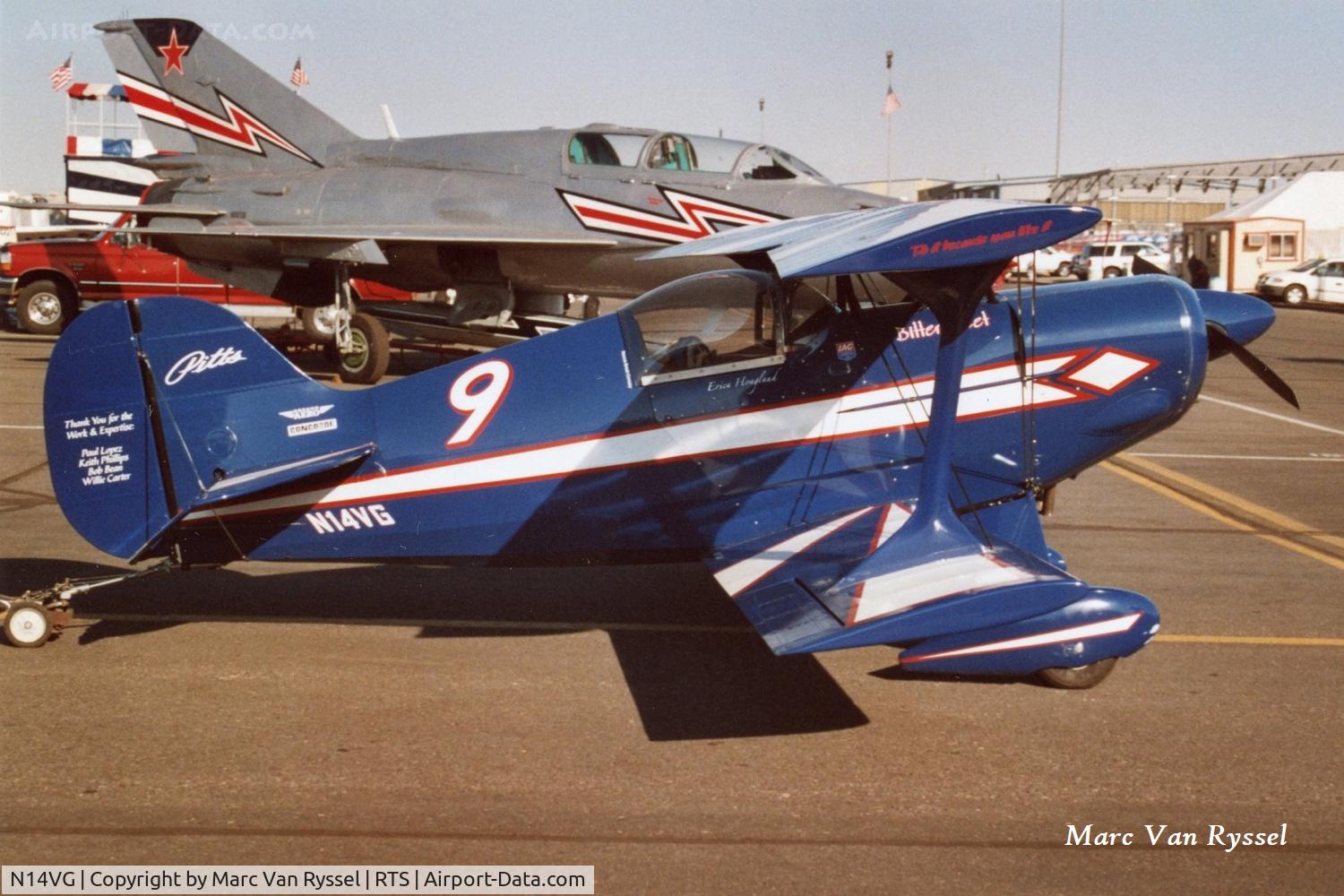 N14VG, 1994 Pitts S-1C SE Special C/N 001, Race #9 N14VG at Reno Air Races in Sept 2006, pilot was Erica Hoagland in biplane class.