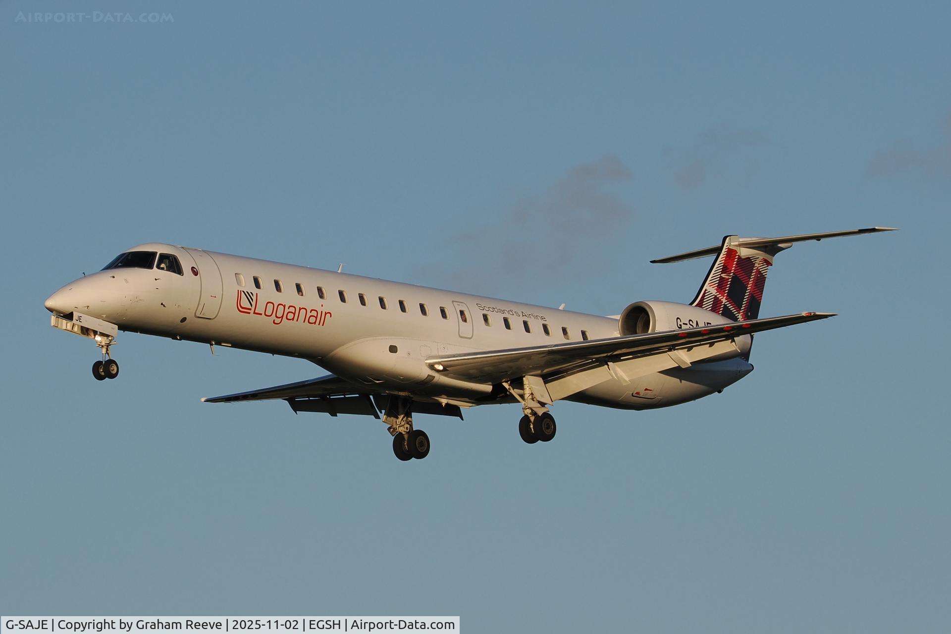 G-SAJE, 2001 Embraer EMB-145EP (ERJ-145EP) C/N 145442, Landing at Norwich.