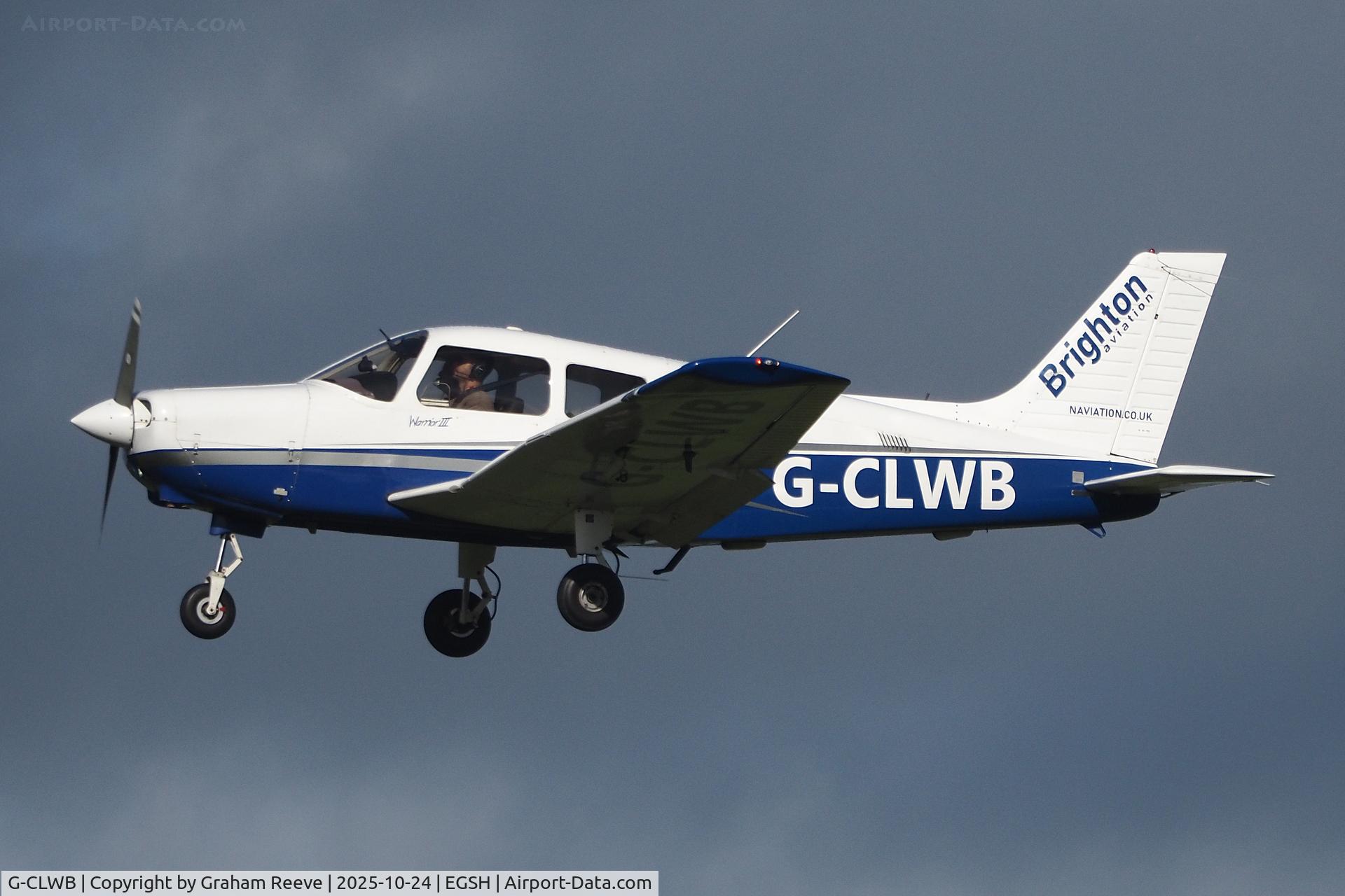 G-CLWB, 2010 Piper PA-28-161 Cherokee Warrior III C/N 2842353, Landing at Norwich.