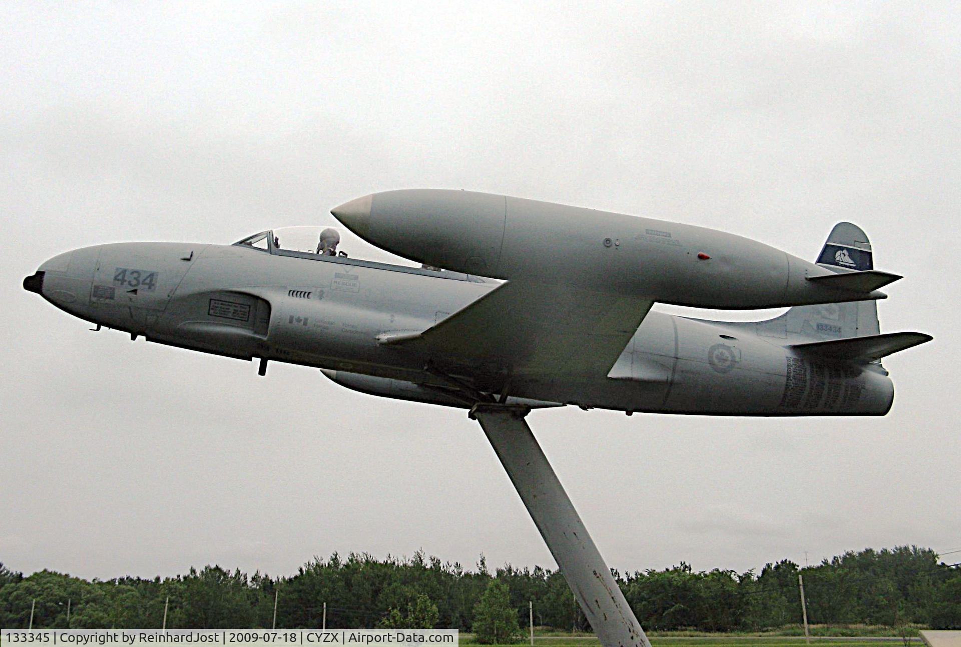 133345, Canadair CT-133 Silver Star C/N T33-345, CF-133 with fake reg 133434 at a pole at Greenwood AFB near Pictou, NB, Canada. In its CAF days it was 133345.