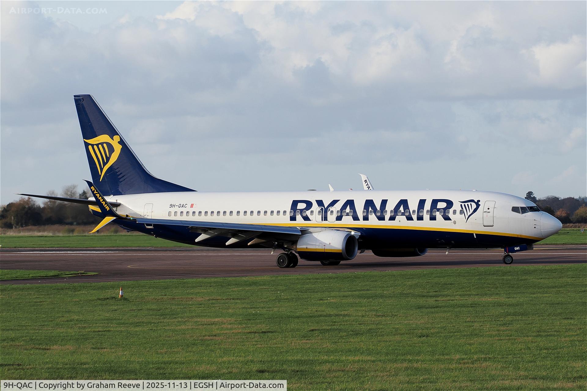 9H-QAC, 2017 Boeing 737-8AS C/N 44789, Departing from Norwich.