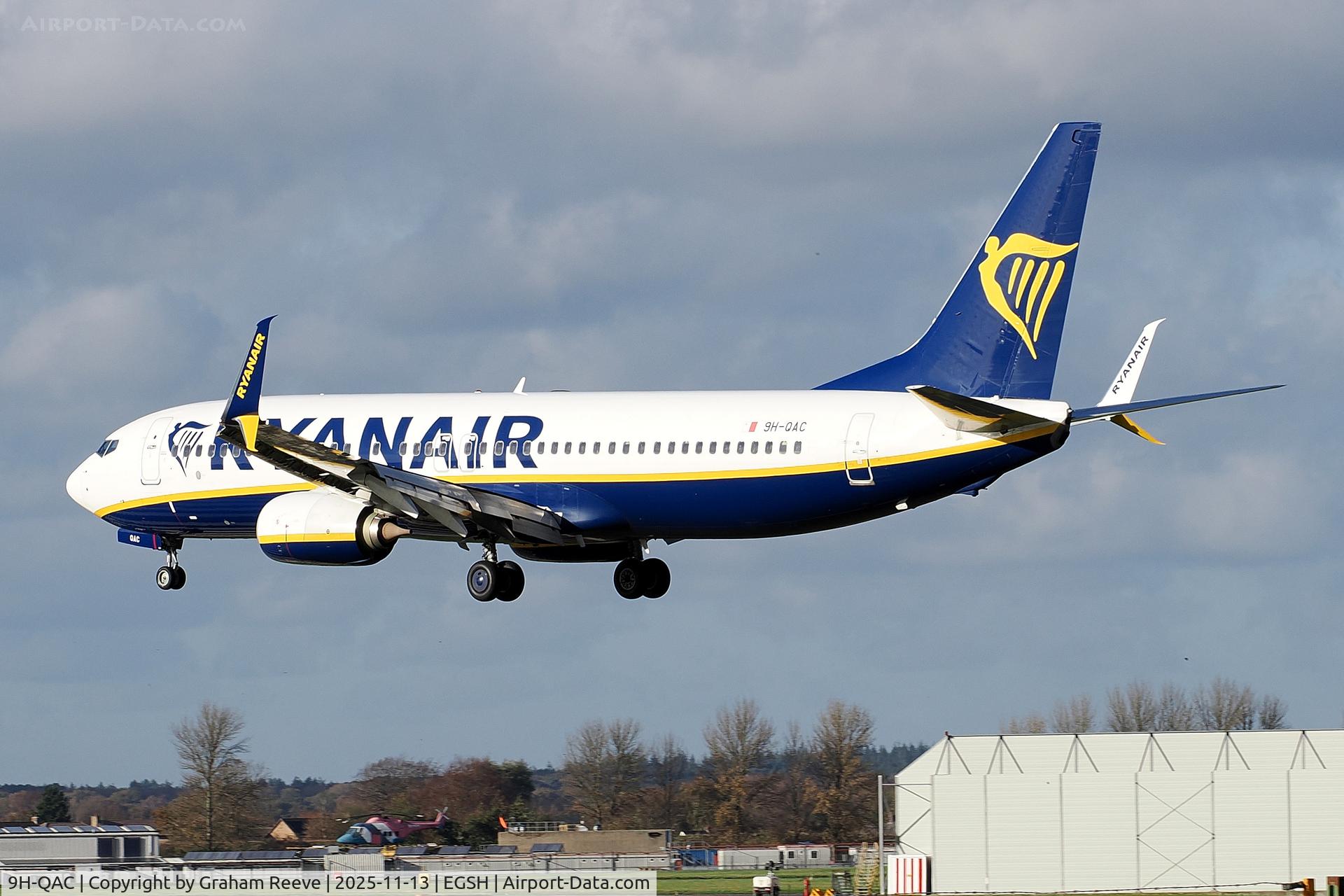 9H-QAC, 2017 Boeing 737-8AS C/N 44789, Landing at Norwich.