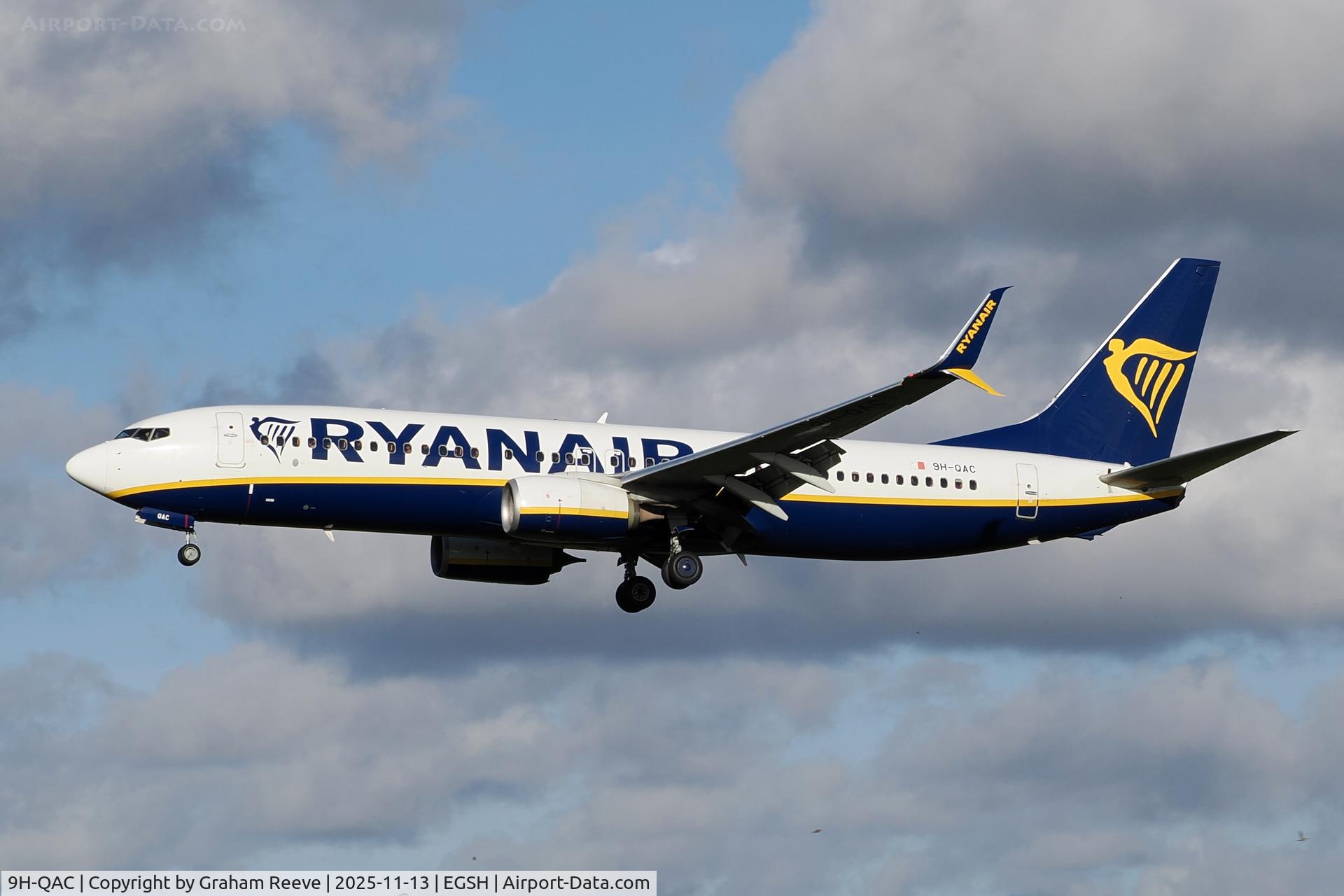 9H-QAC, 2017 Boeing 737-8AS C/N 44789, Landing at Norwich.