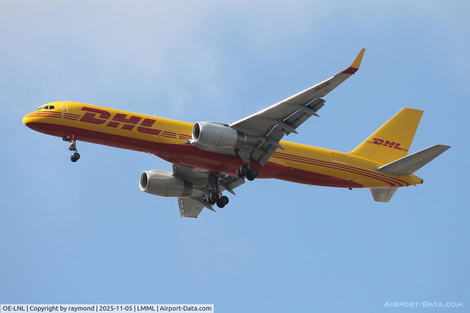 OE-LNL, 1998 Boeing 757-223F C/N 29427, Boeing 757-223F of DHL Austria reg OE-LNL on long finals for RW13 Malta.