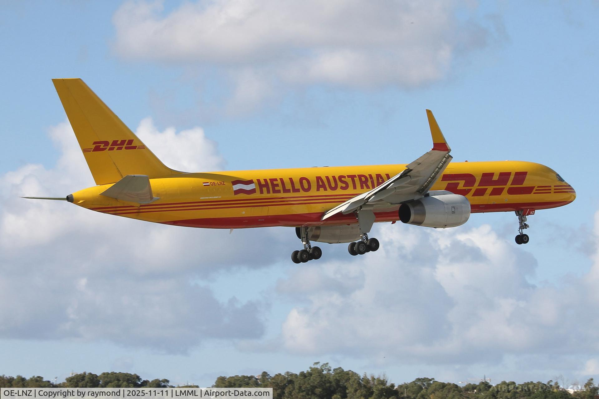 OE-LNZ, 2001 Boeing 757-223F C/N 32398, Boeing 757-223F reg OE-LNZ of DHL Austria sporting the 'Hello Austria' sticker landing in Malta RW31.