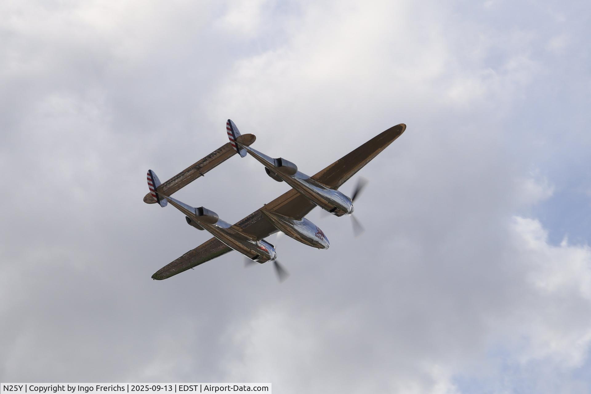 N25Y, 1944 Lockheed P-38L-5LO Lightning C/N AF44-53254, Lockheed P-38L Lightning N25Y shortly after takeoff from Hahnweide airfield at OTT 2025