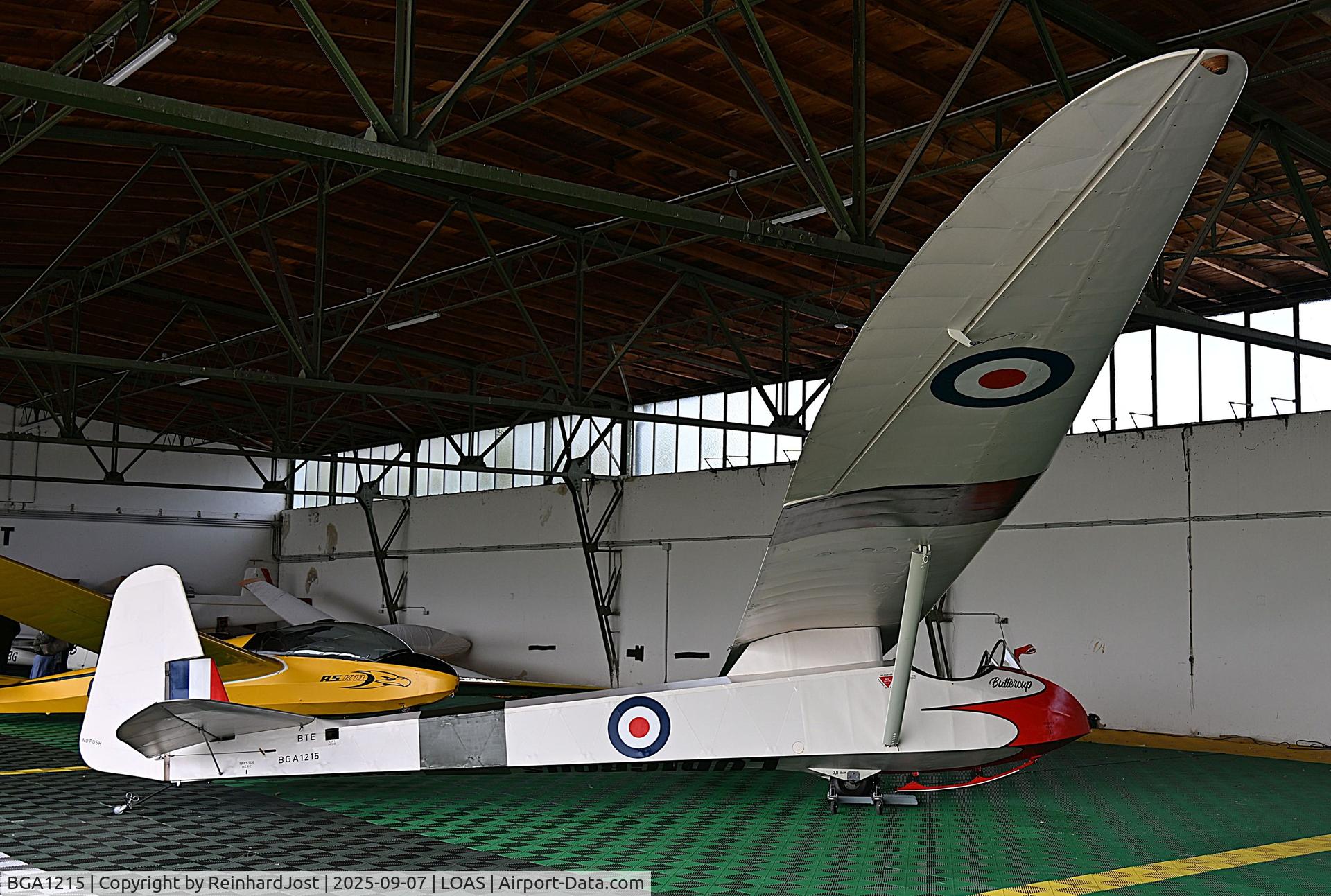 BGA1215, 1949 Slingsby T-21B Sedbergh C/N 557, T-21B ex-SE-SHL / ex-F1159 / ex-OH-KSA named Buttercub in RAF Cadets colors at Flugsportzentrum Spitzerberg, Austria