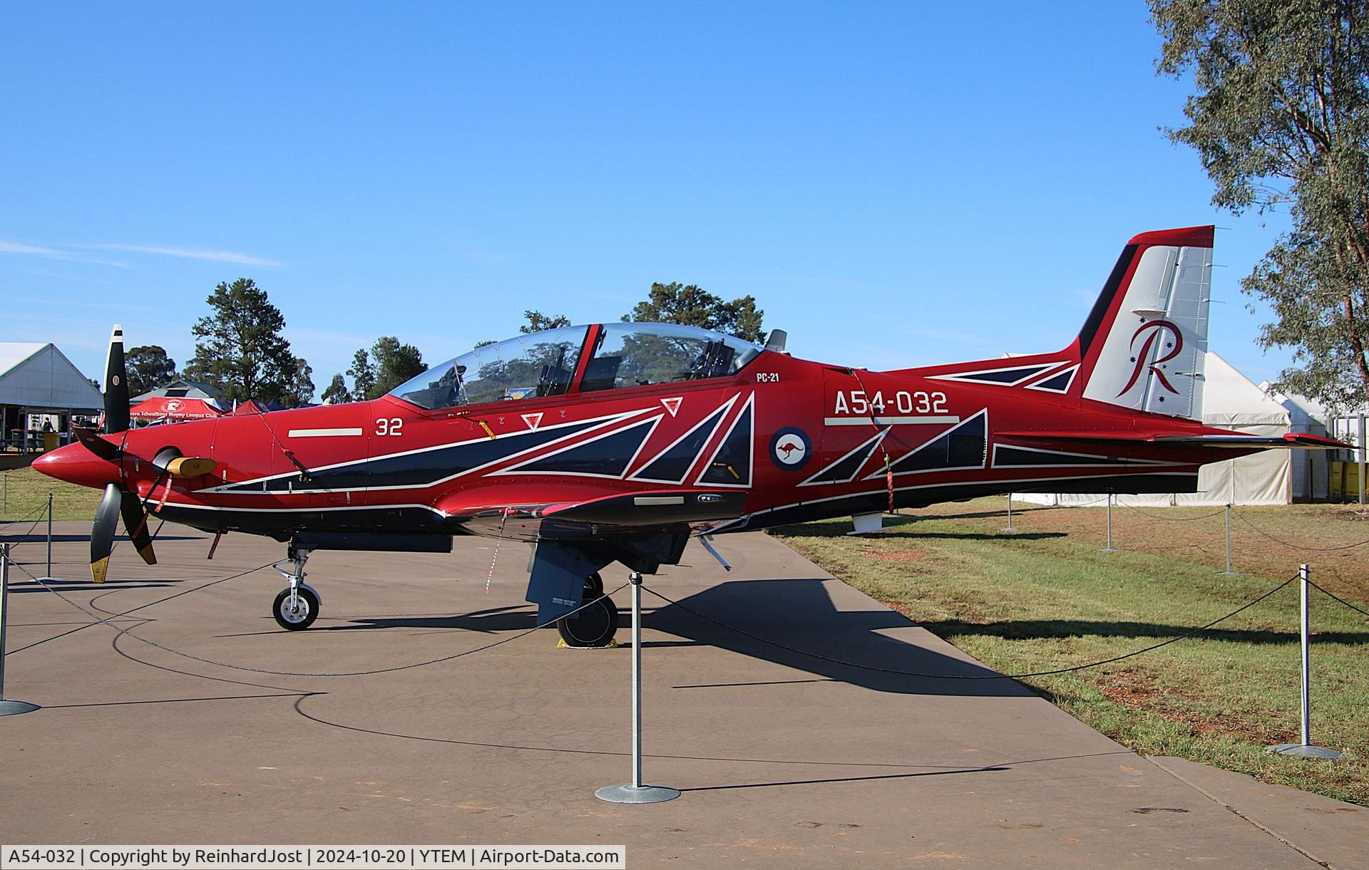 A54-032, 2018 Pilatus PC-21 C/N 265, PC-21 in the colors of the Australian Air Force Aerobatic Team Roulettes on static display at Warbirds Downunder, 2024, Temora, NSW