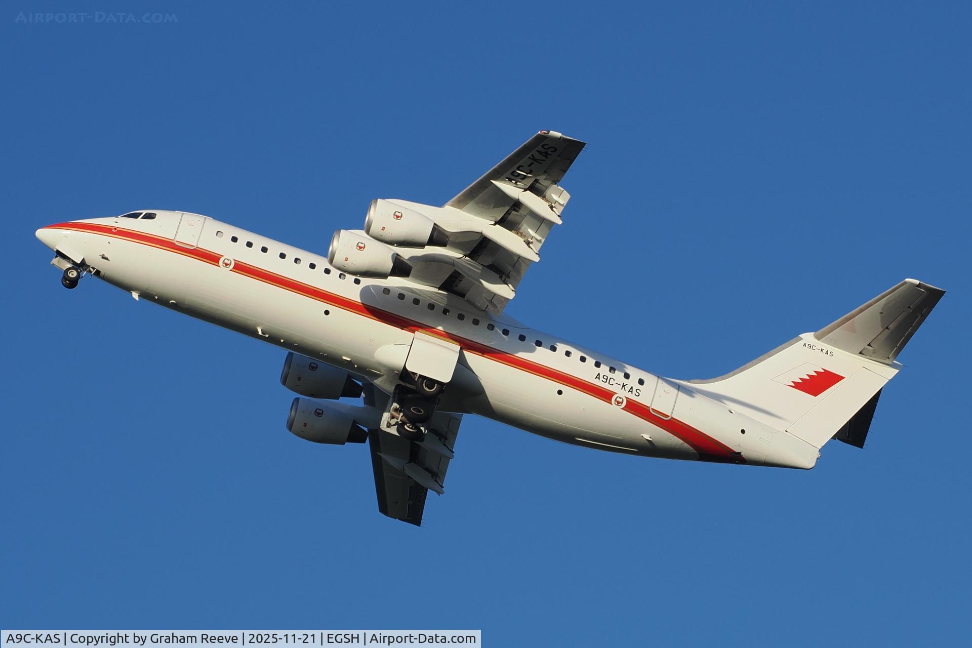 A9C-KAS, British Aerospace Avro 146-RJ100 C/N E3380, Climbing out of Norwich.
