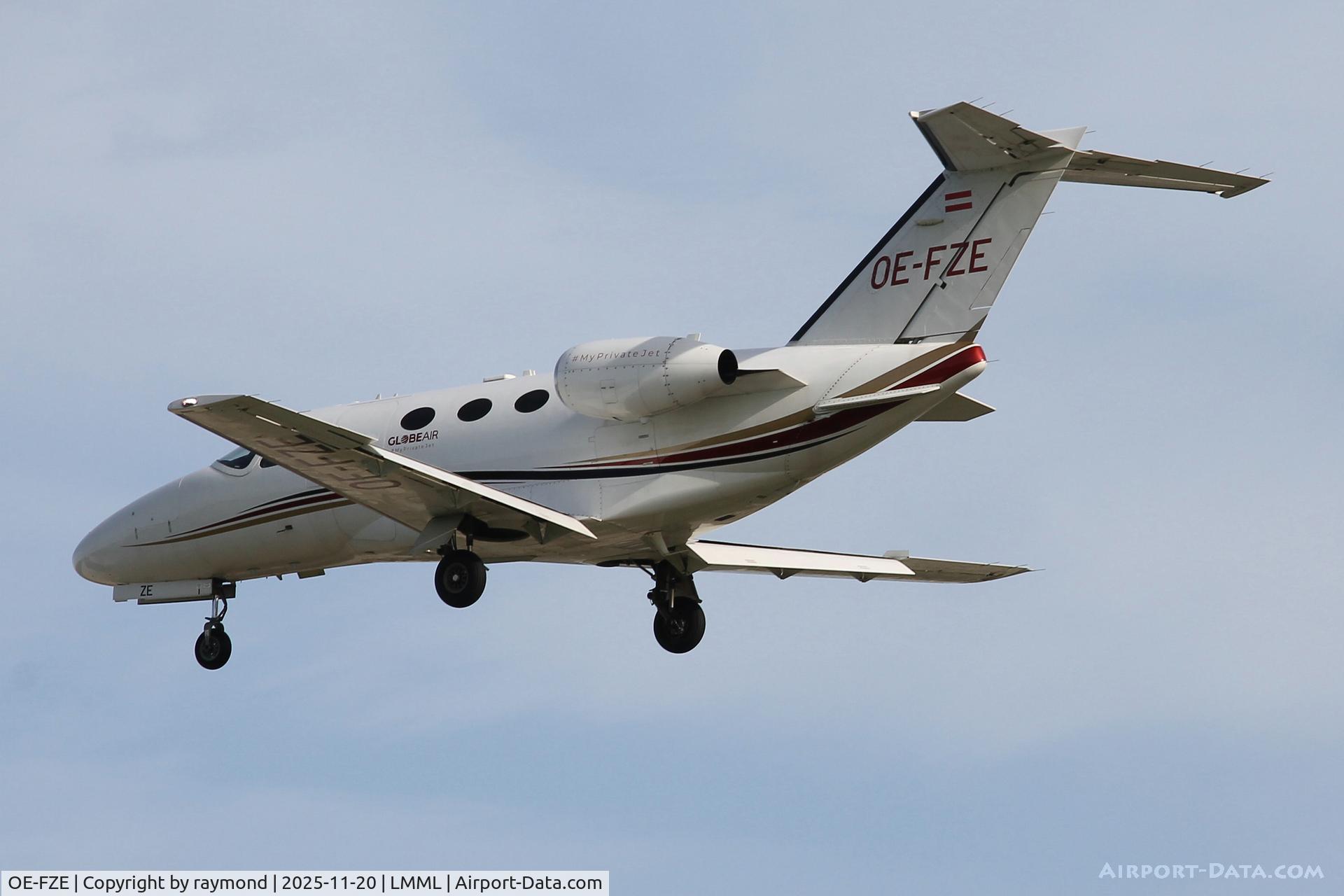 OE-FZE, 2009 Cessna 510 Citation Mustang Citation Mustang C/N 510-0217, Globe Air Cessna 510 Citation Mustang reg OE-FZE on final approach for RW31 landing in Malta.