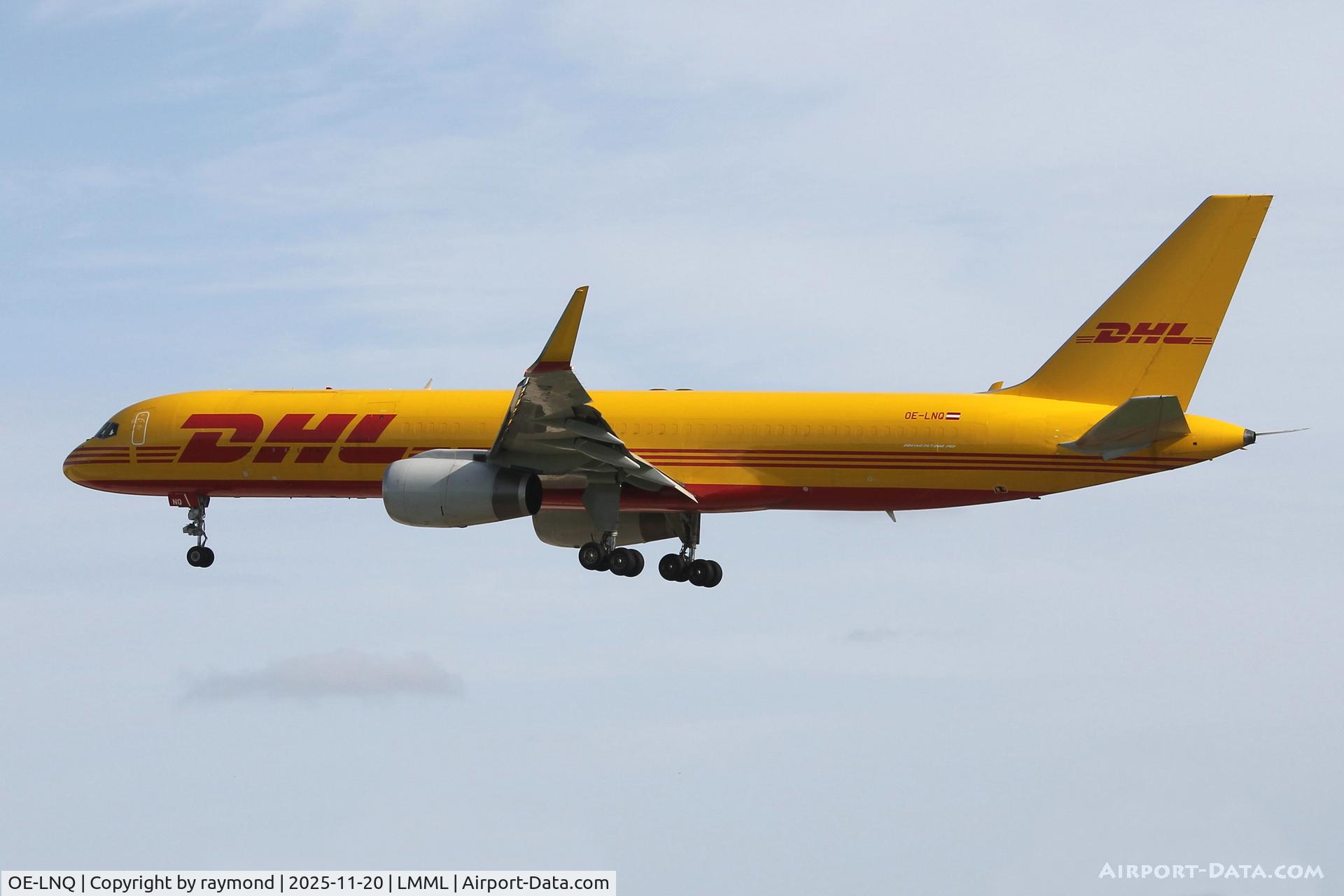 OE-LNQ, 2002 Boeing 757-223F C/N 31308, Boeing 757-223F reg OE-LNQ of DHL Austria landing RW31 in Malta.