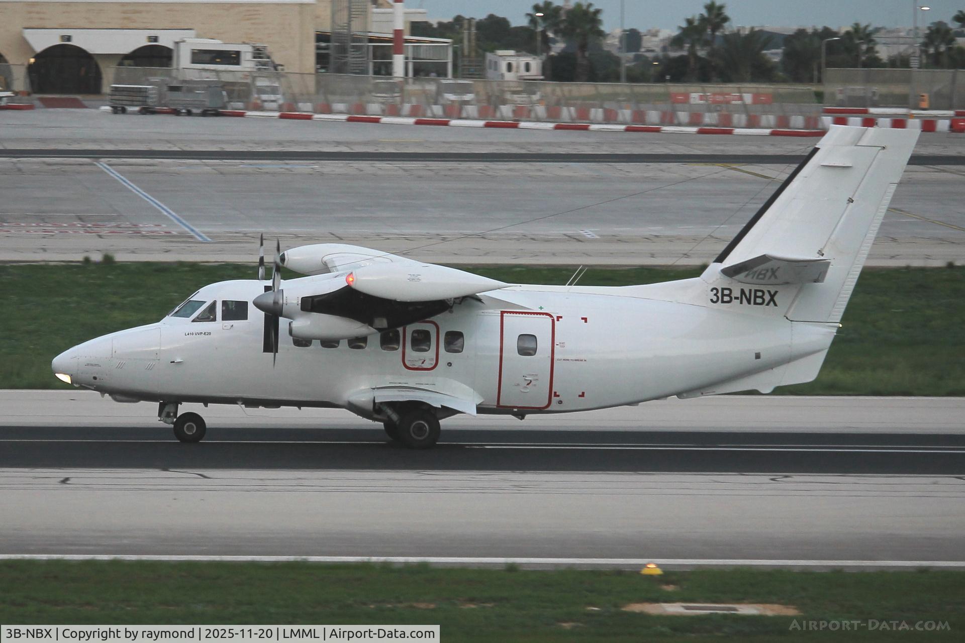 3B-NBX, Let L-410 UVP-E20 Turbolet C/N 9727, Let L-410 UVP-E20 Turbolet reg 3B-NBX of Air Tec taxiing down Runway 31 after landing for a night stop. Aircraft arrived from Palma on a very rare visit.