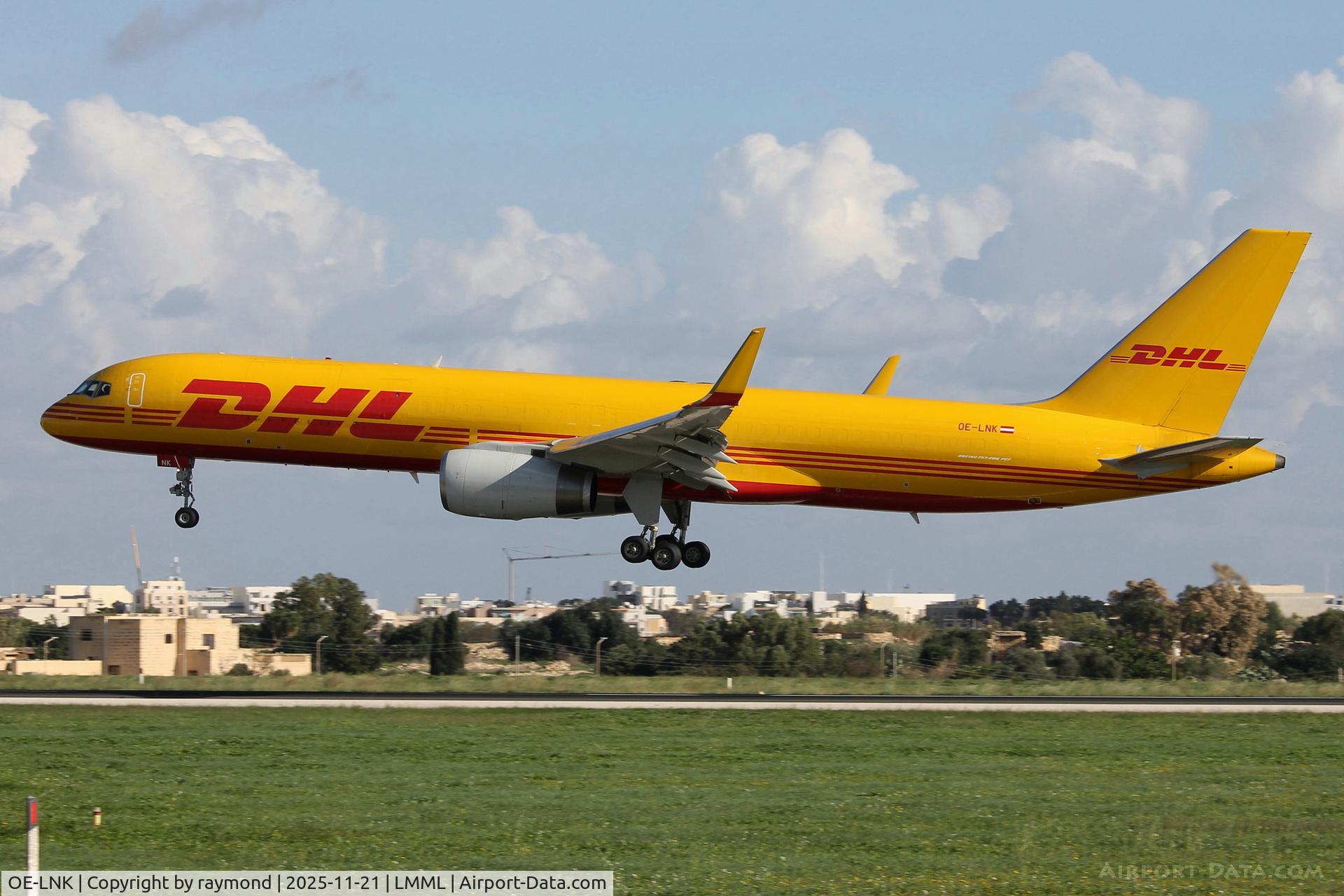 OE-LNK, 1998 Boeing 757-223F C/N 29426, DHL Austria Boeing 757-223F reg OE-LNK on very short finals for RW31 landing in Malta.