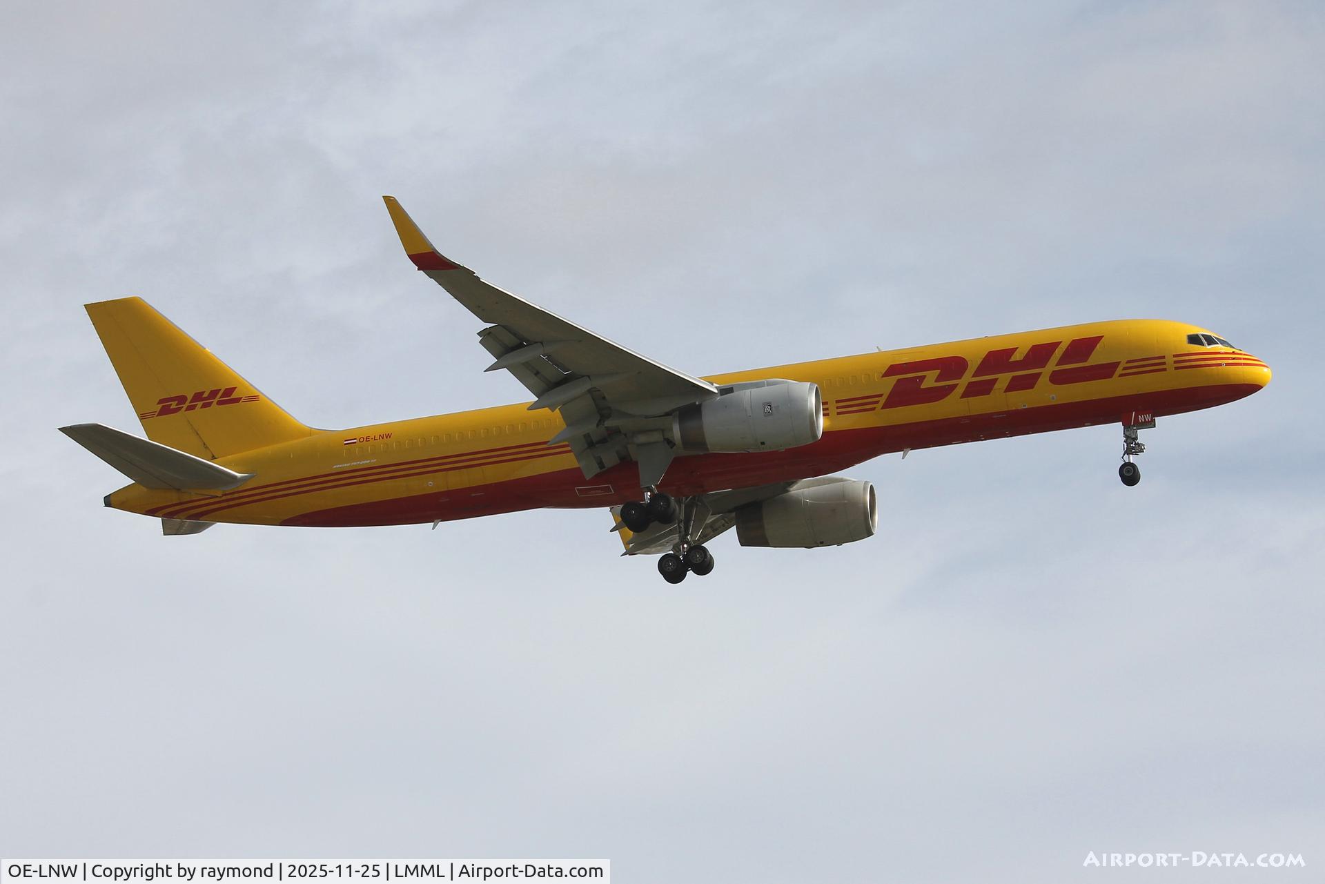 OE-LNW, Boeing 757-223(PCF) C/N 29428, DHL Austria Boeing 757-223(PCF) reg OE-LNW on approach for RW13 landing in Malta.