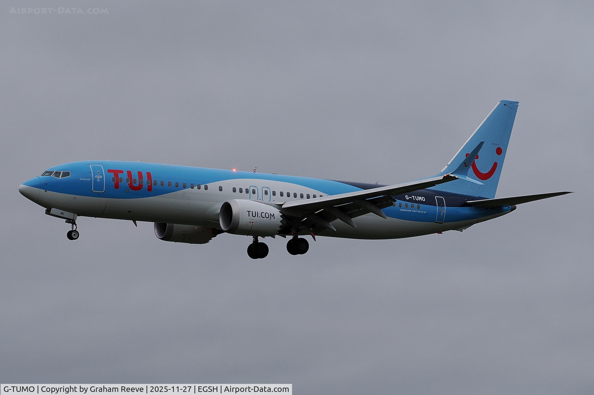 G-TUMO, 2020 Boeing 737-8 MAX C/N 44608, Landing at Norwich.