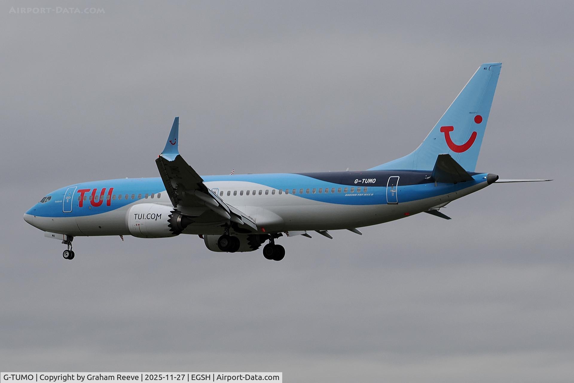 G-TUMO, 2020 Boeing 737-8 MAX C/N 44608, Landing at Norwich.