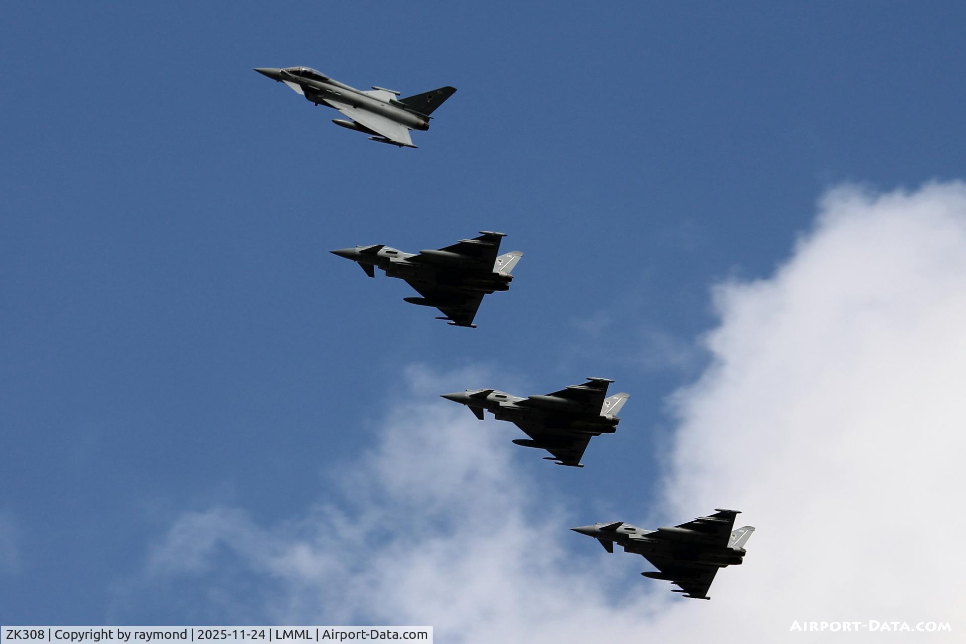 ZK308, 2009 Eurofighter EF-2000 Typhoon FGR4 C/N BS059, Run in and break for RAF Eurofighter Typhoons reg ZK308, ZK340, ZK364 and ZK426 of No 12 Squadron (RAF Coningsby) over RW31 at Malta, aircraft coming in for a night stop rest.