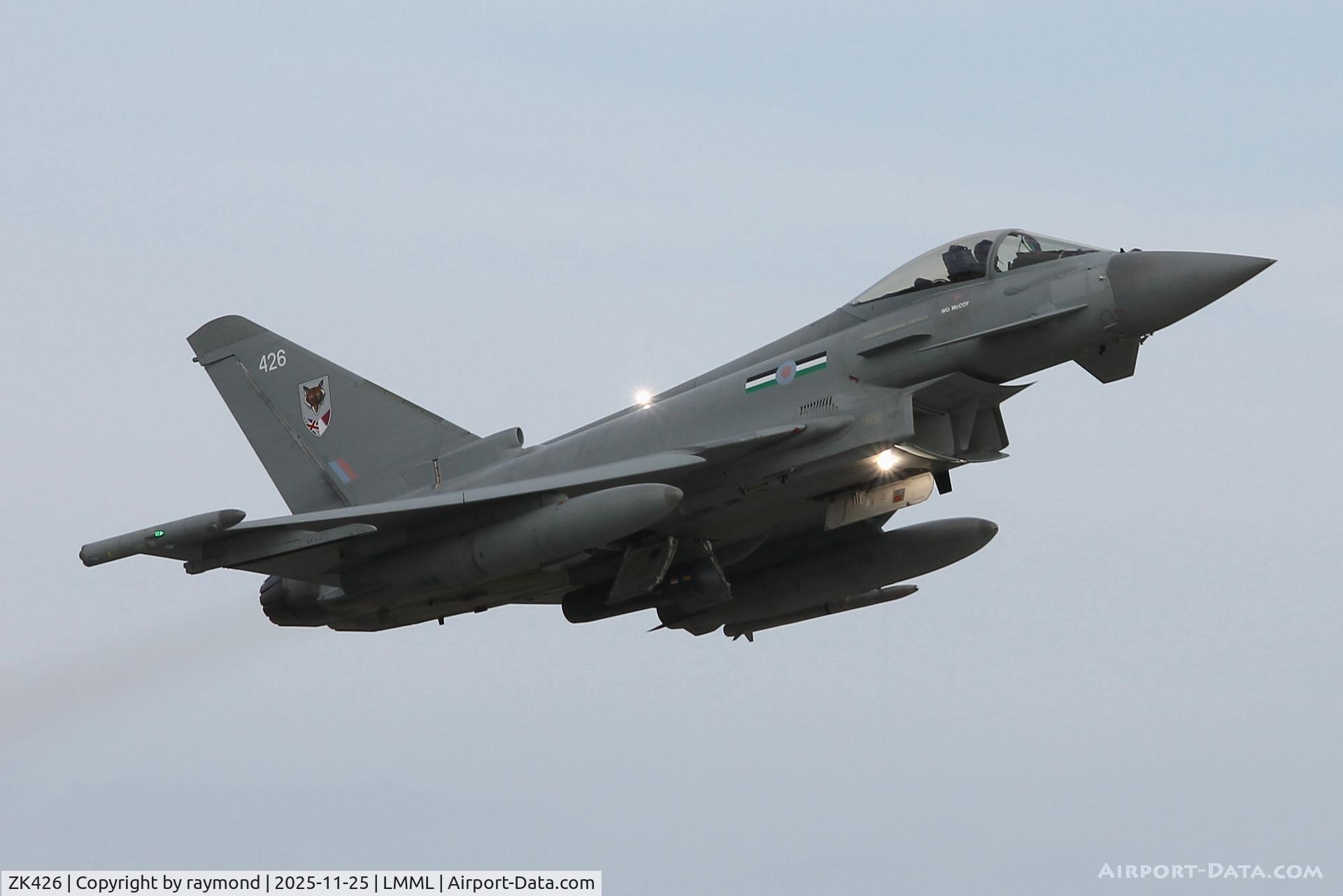 ZK426, 2018 Eurofighter EF-2000 Typhoon FGR.4 C/N BS142, Off and away for Royal Air Force Eurofighter EF-2000 Typhoon FGR.4 reg ZK426 of No12 Sqdn RAF Coningsby departing from Malta to the Middle East after arriving in company with 3 other Eurofighters and an A330 Voyager MRTT ZZ331 from RAF Brize Norton UK.