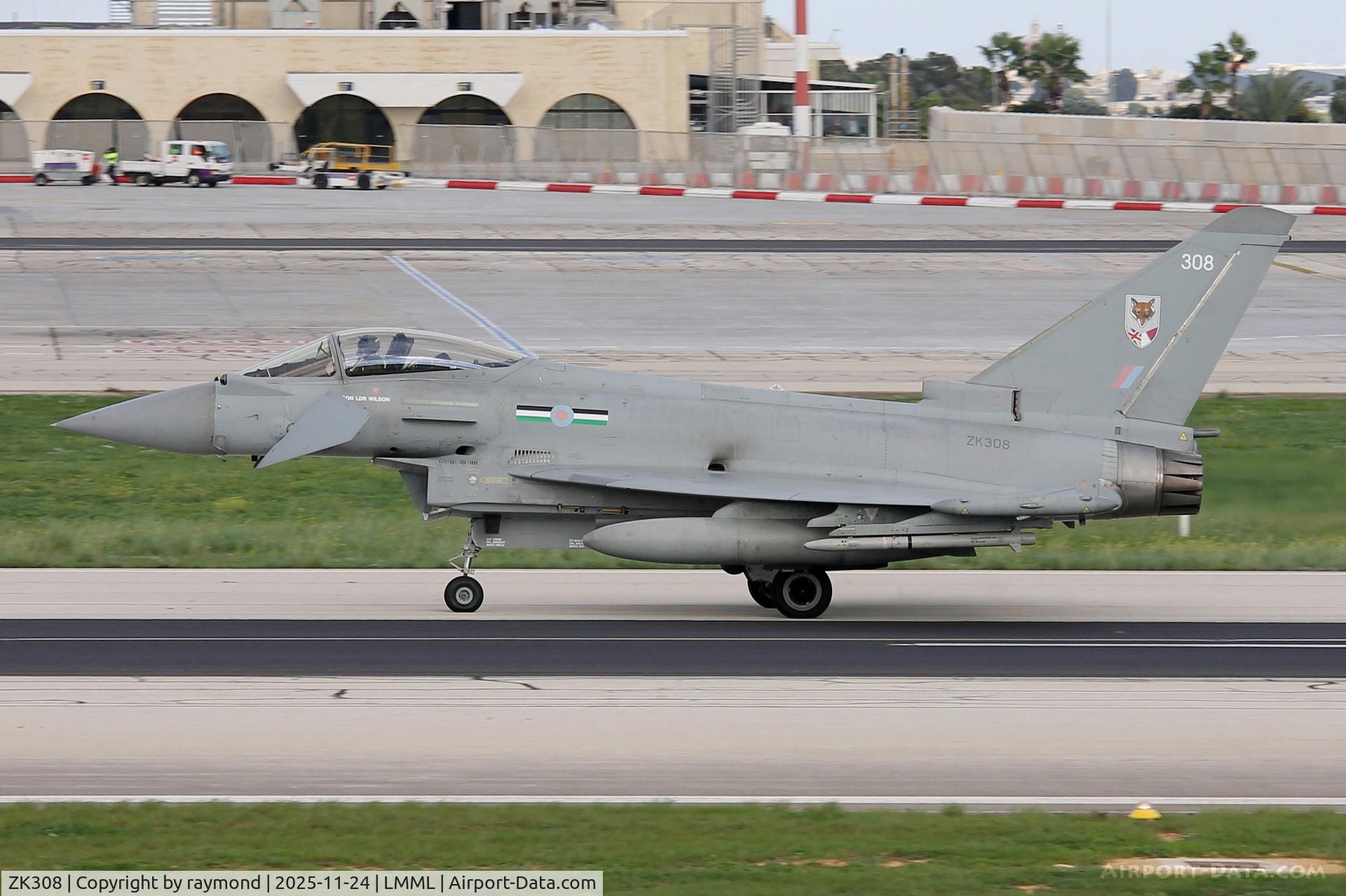 ZK308, 2009 Eurofighter EF-2000 Typhoon FGR4 C/N BS059, Eurofighter EF-2000 Typhoon FGR4 reg ZK308 from Royal Air Force Coningsby arriving in Malta for a night stop enroute to the Middle East.