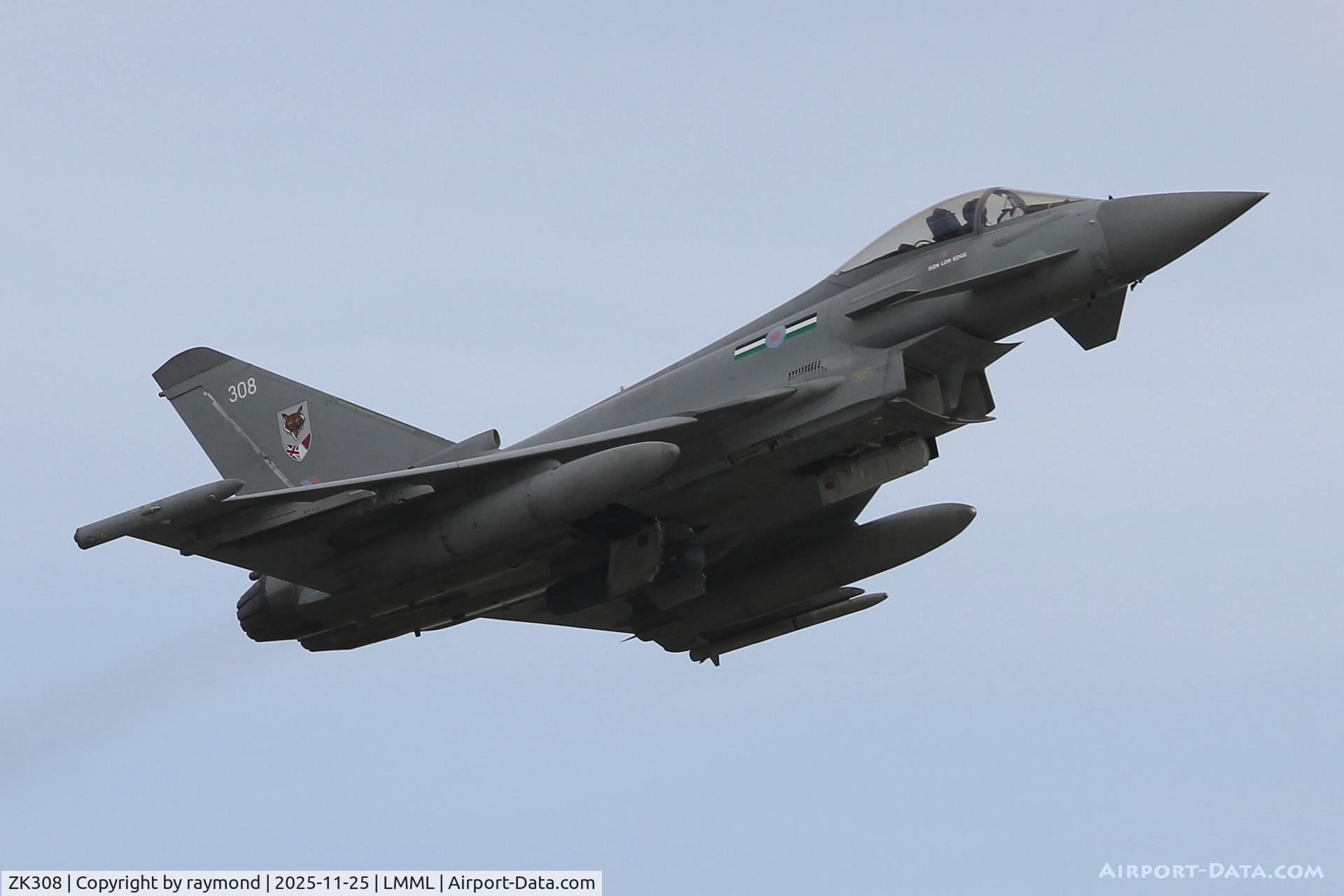 ZK308, 2009 Eurofighter EF-2000 Typhoon FGR4 C/N BS059, Eurofighter EF-2000 Typhoon FGR4 reg ZK308/308 of 12 Sqdn Royal Air Force on take RW13 Malta.