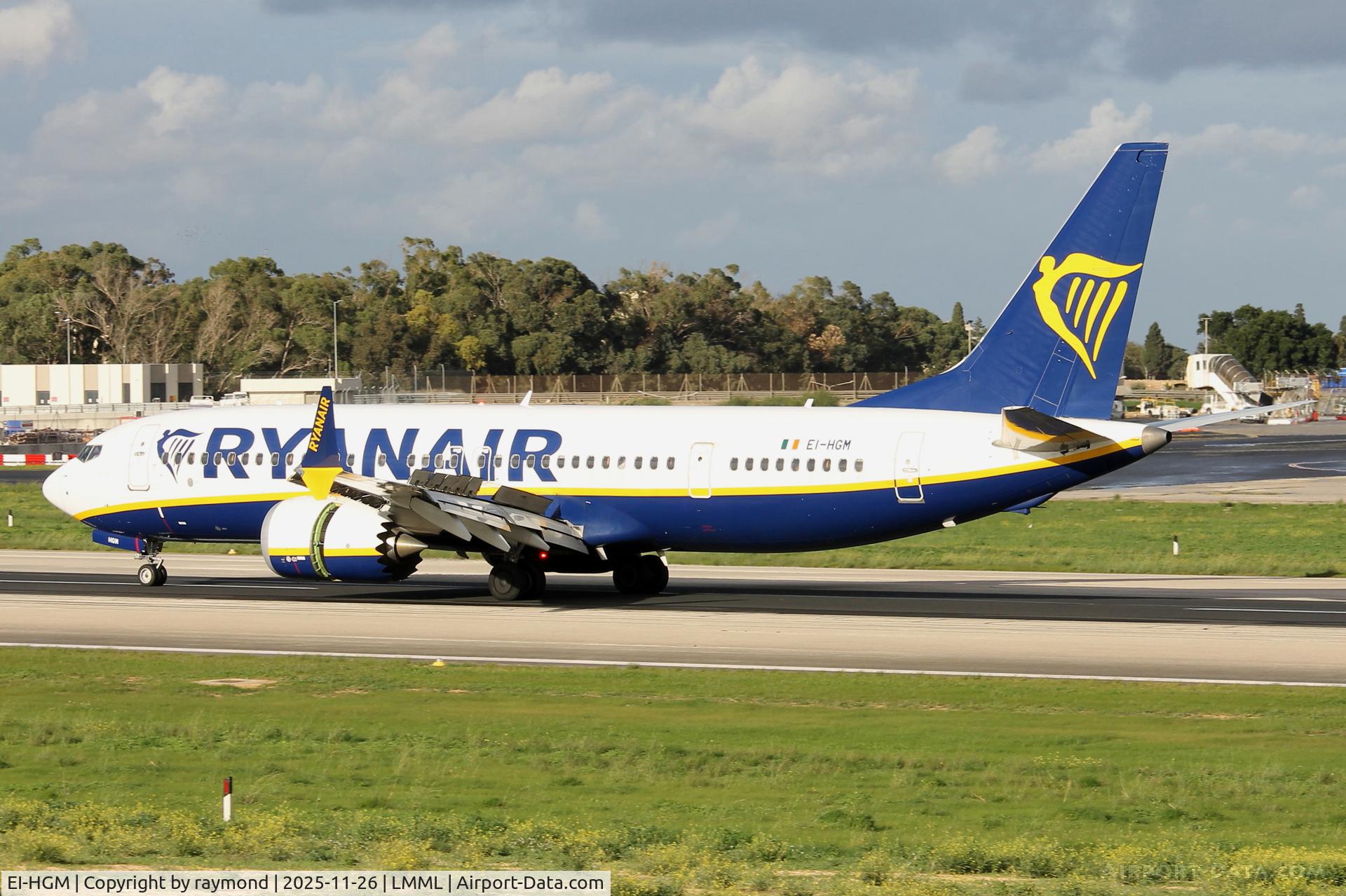 EI-HGM, 2021 Boeing 737-8-200 MAX C/N 65875, Boeing 737-8-200 MAX reg EI-HGM of Ryanair slowing down on the runway after landing in Malta RW31.