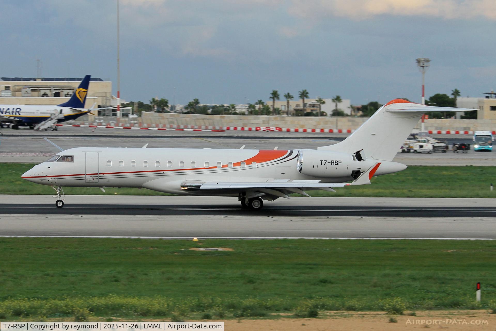 T7-RSP, 2016 Bombardier BD-700-1A10 Global 6000 C/N 9767, Bombardier BD-700-1A10 Global 6000 reg T7-RSP of Empire Aviation braking on the Rw31 after landing in Malta.