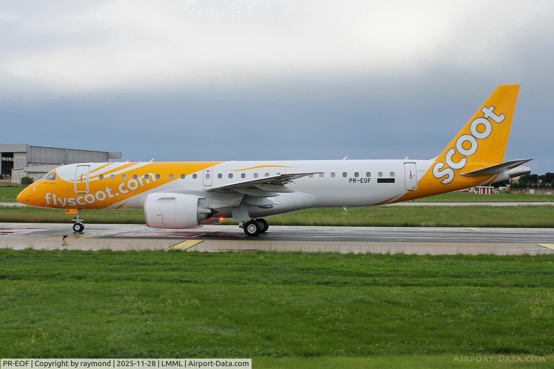 PR-EOF, 2015 Embraer 175LR (ERJ-170-200LR) C/N 17000504, Embraer 175LR reg PR-EOF of Fly Scoot taxiing out for departure from Malta from RW31. The aircraft was on delivery flight and is the be re-registered as 9V-THI. 