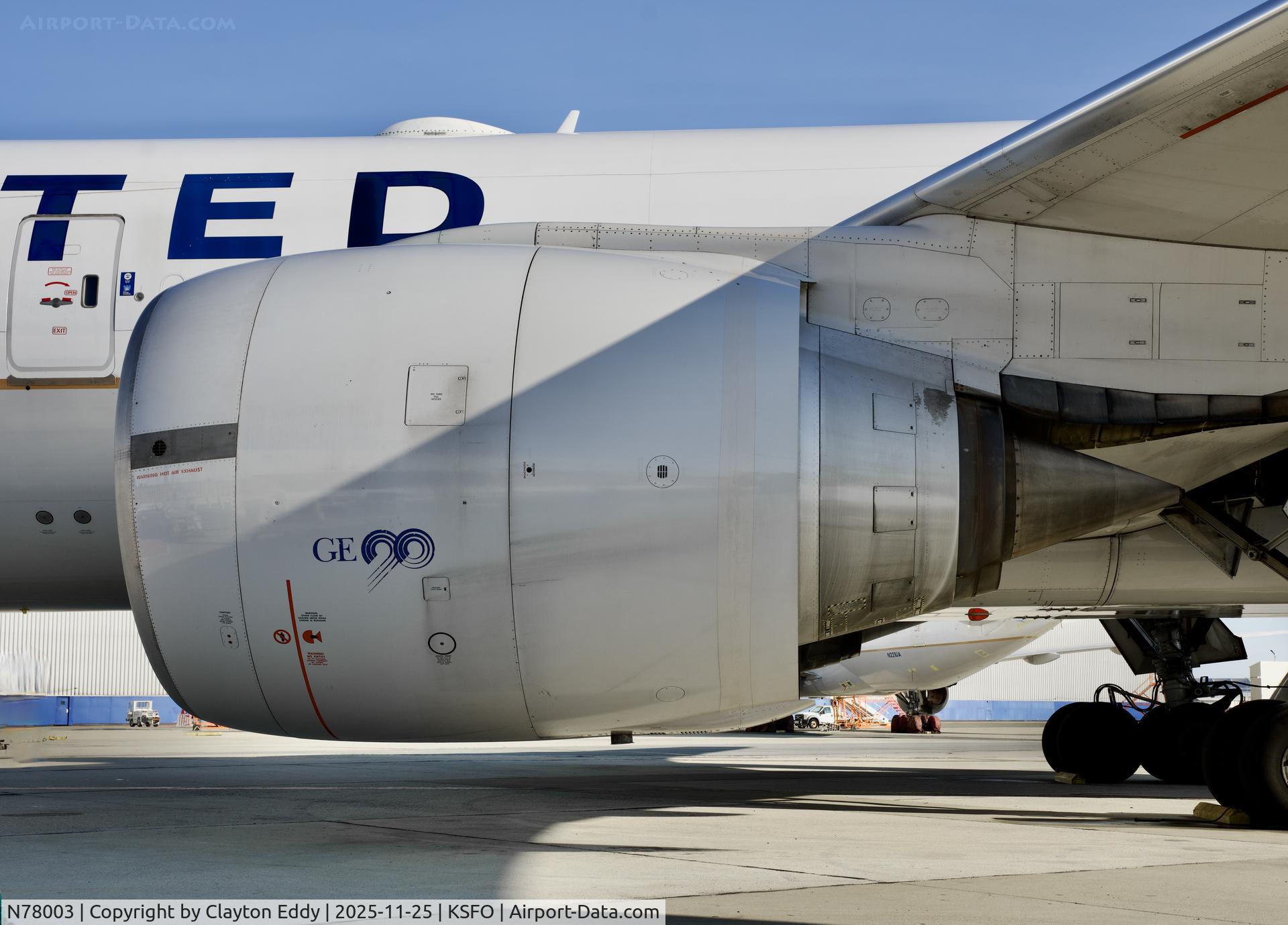 N78003, 1998 Boeing 777-224 C/N 27579, GE90 engine SFO 2025