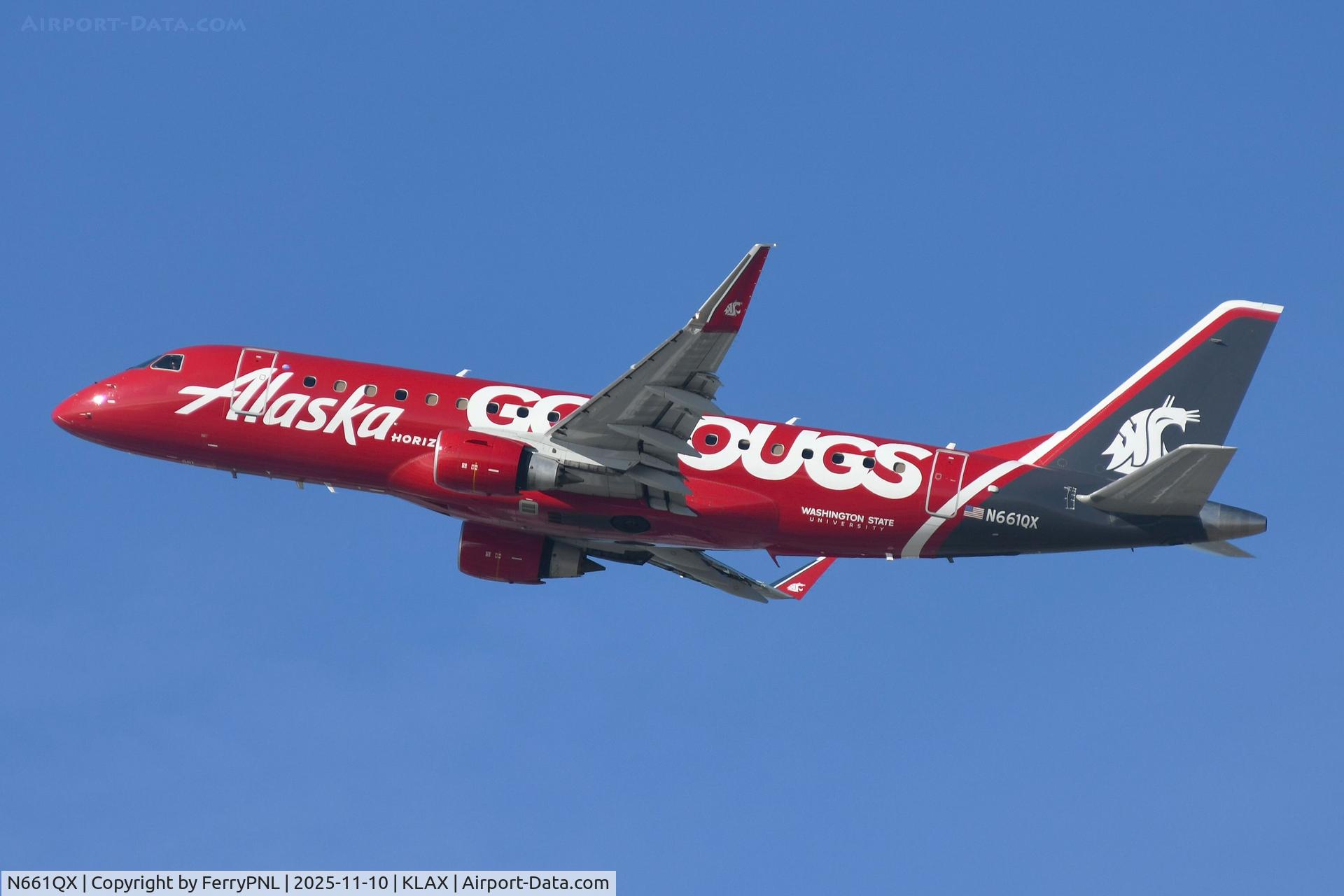 N661QX, 2023 Embraer ERJ-175LR C/N 17000955, Alaska ERJ175 in Washington State Cougars livery departing