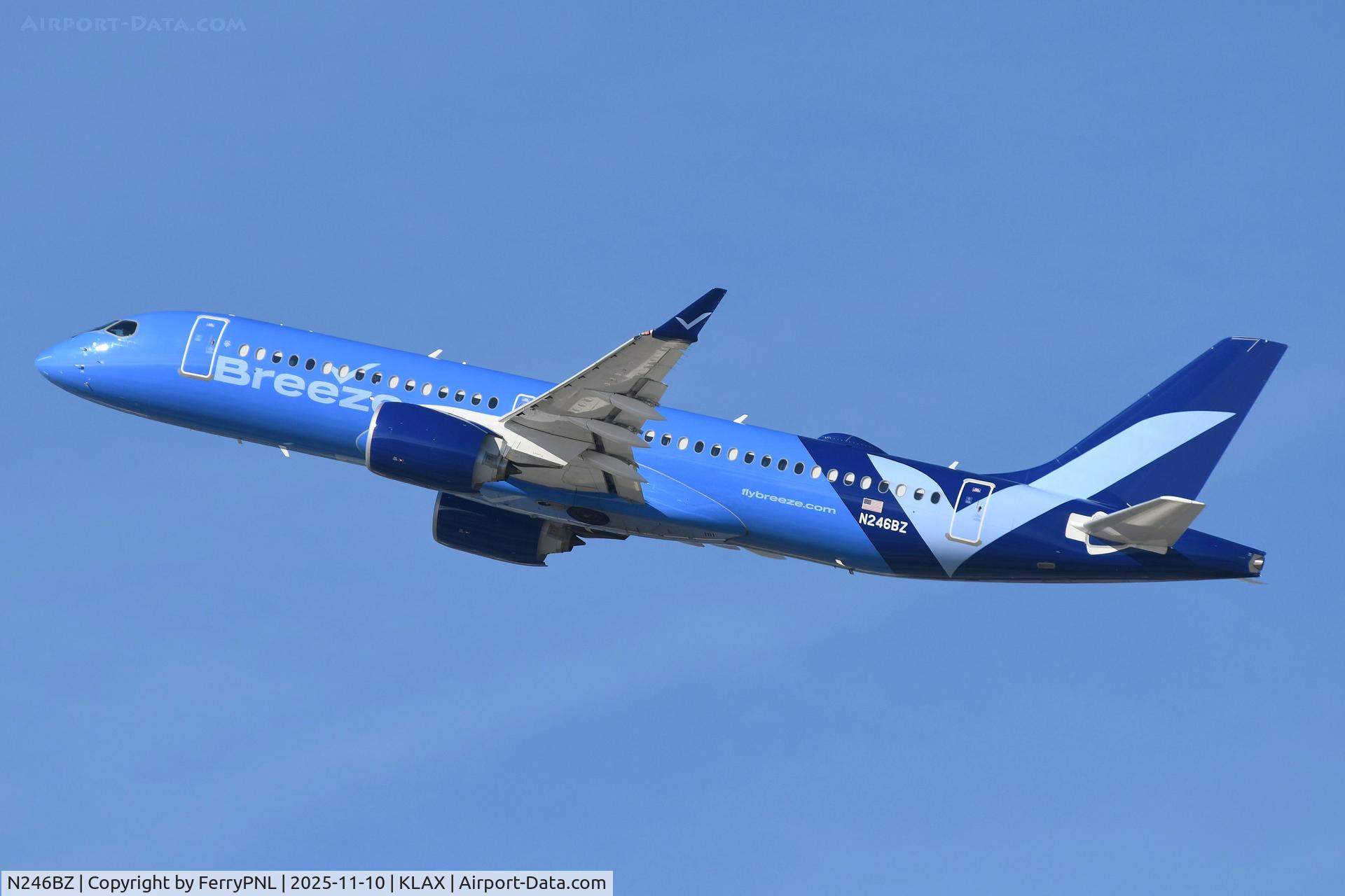 N246BZ, 2025 Airbus A220-300 C/N 55339, Breeze A223 taking-off from LAX