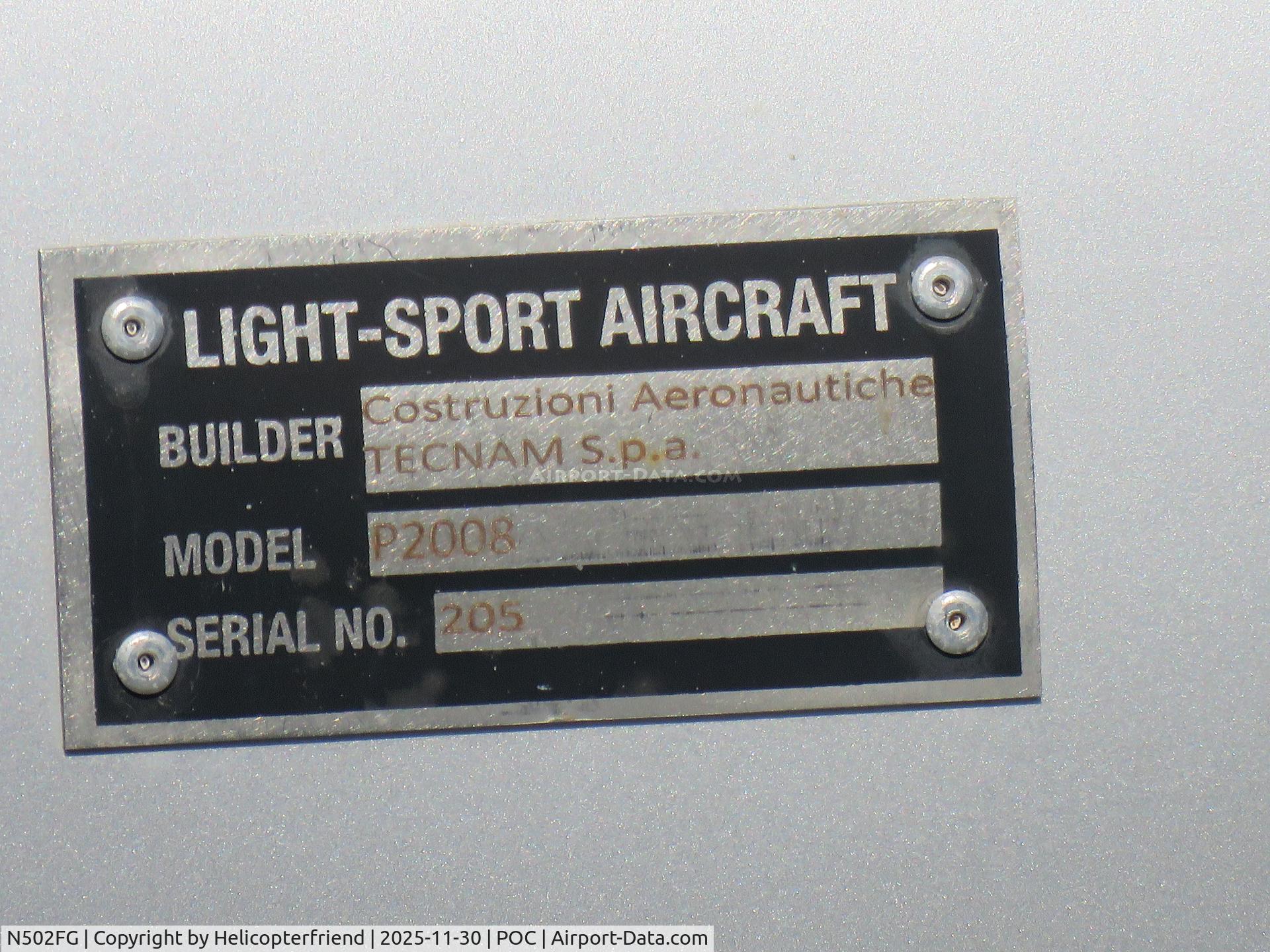 N502FG, 2022 Tecnam P2008 C/N 205, Identification plate