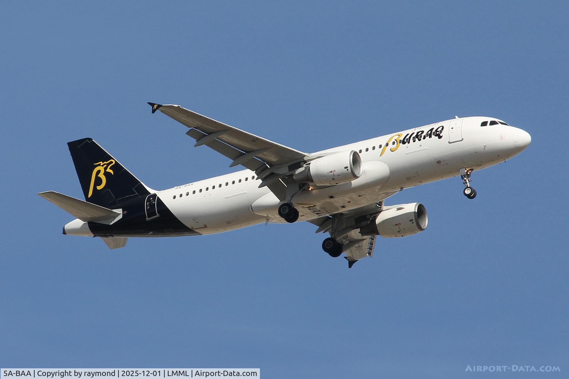 5A-BAA, 2012 Airbus A320-214 C/N 5393, Airbus A320-214 reg 5A-BAA on final approach to RW13, landed in Malta and proceeded to Aircraft Cosmetics Malta for a repaint in Medsky Malta livery, being the 3rd in the fleet for MedSky.