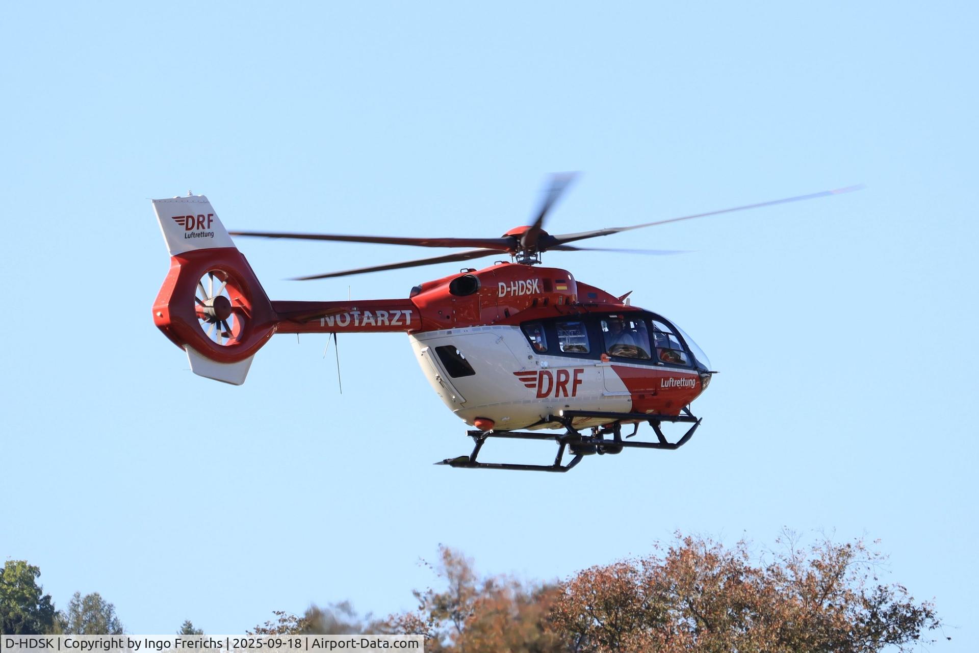D-HDSK, 2017 Eurocopter EC-145 (BK-117C-2) C/N 20118, DRF Helicopter D-HDSK takes off near Karlsruhe, now upgraded and equipped with a 5-blade rotor. (H145 D3)