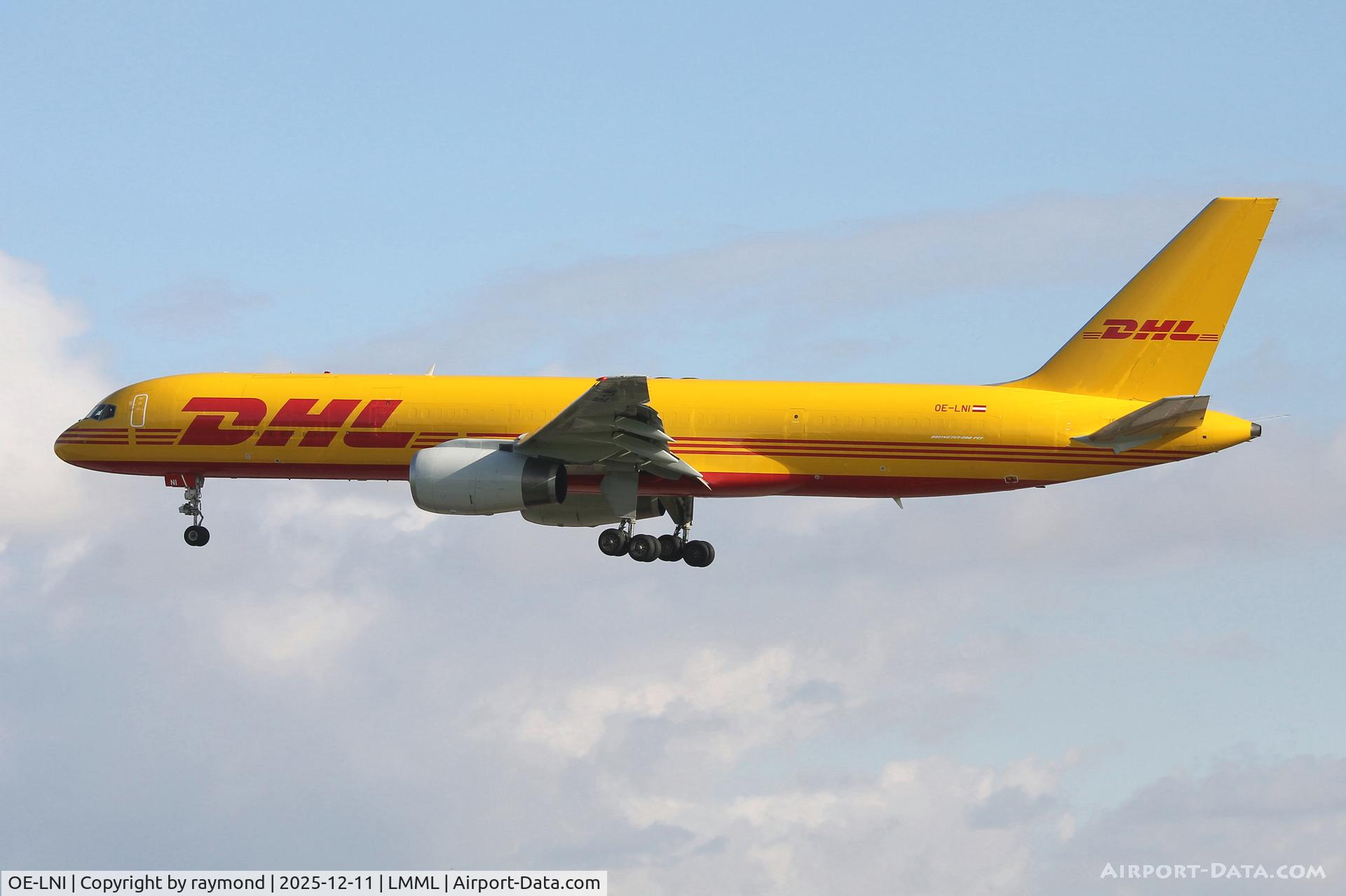 OE-LNI, 2001 Boeing 757-28A C/N 32449, DHL Austria Boeing 757-28A reg OE-LNI on finals RW31 landing in Malta.