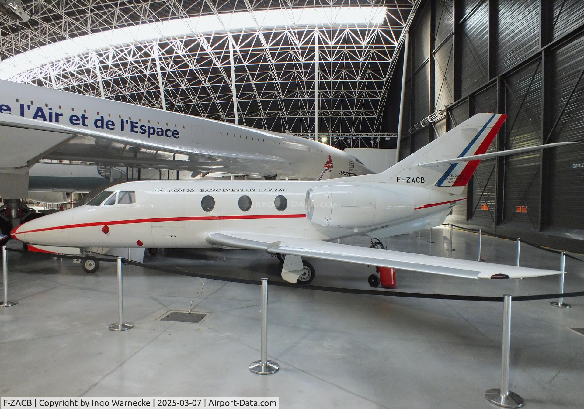 F-ZACB, Dassault Falcon 10 C/N 02, Dassault Falcon 10 (testbed with Turbomeca Larzac engine in smaller starboard nacelle) at the Aeroscopia, Blagnac (Toulouse)