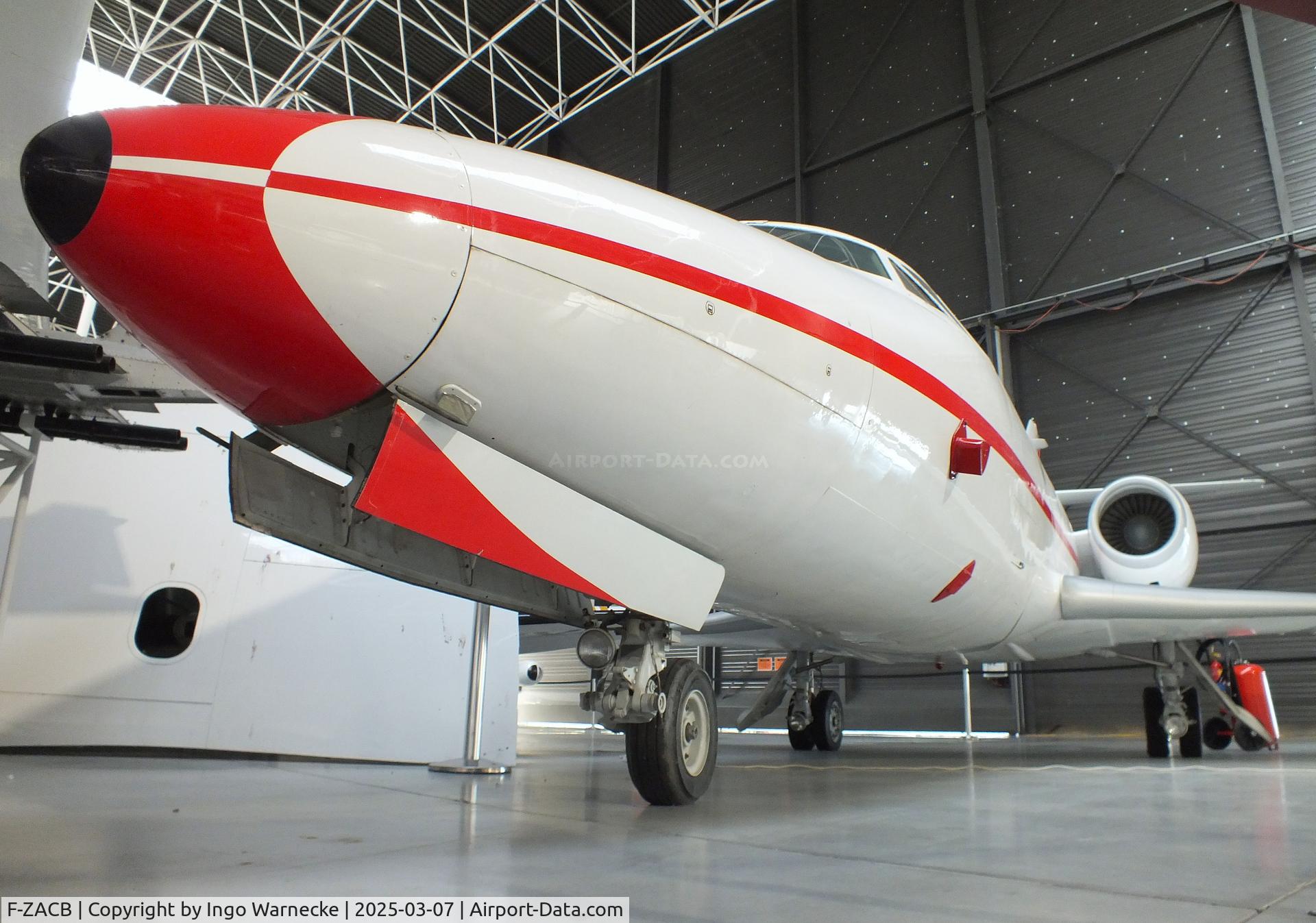 F-ZACB, Dassault Falcon 10 C/N 02, Dassault Falcon 10 (testbed with Turbomeca Larzac engine in smaller starboard nacelle) at the Aeroscopia, Blagnac (Toulouse)