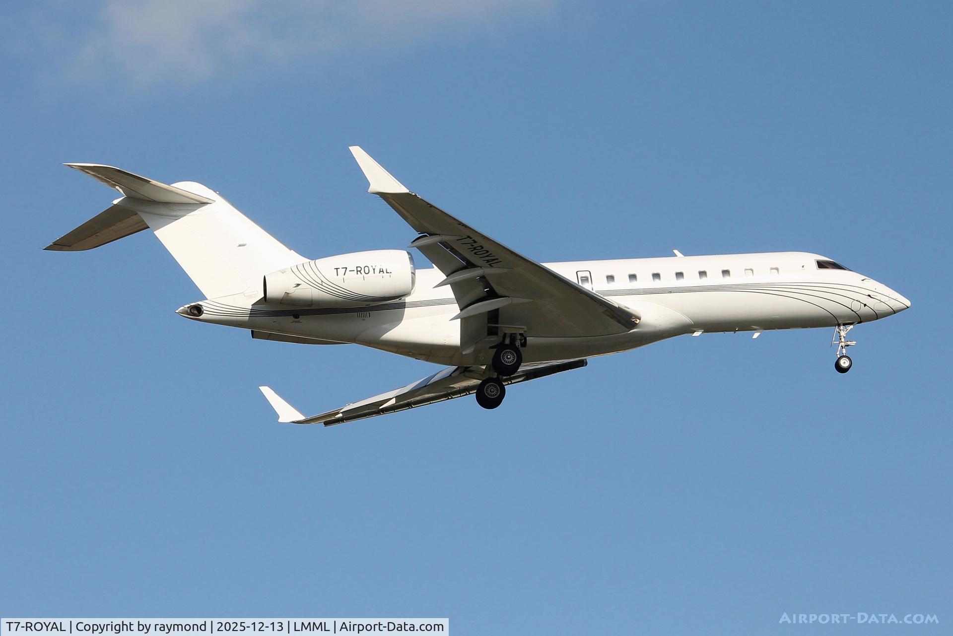 T7-ROYAL, 2009 Bombardier BD-700-1A11 Global 5000 C/N 9370, Bombardier BD-700-1A11 Global 5000 of Jet Luxe on final approach for RW13 landing in Malta.