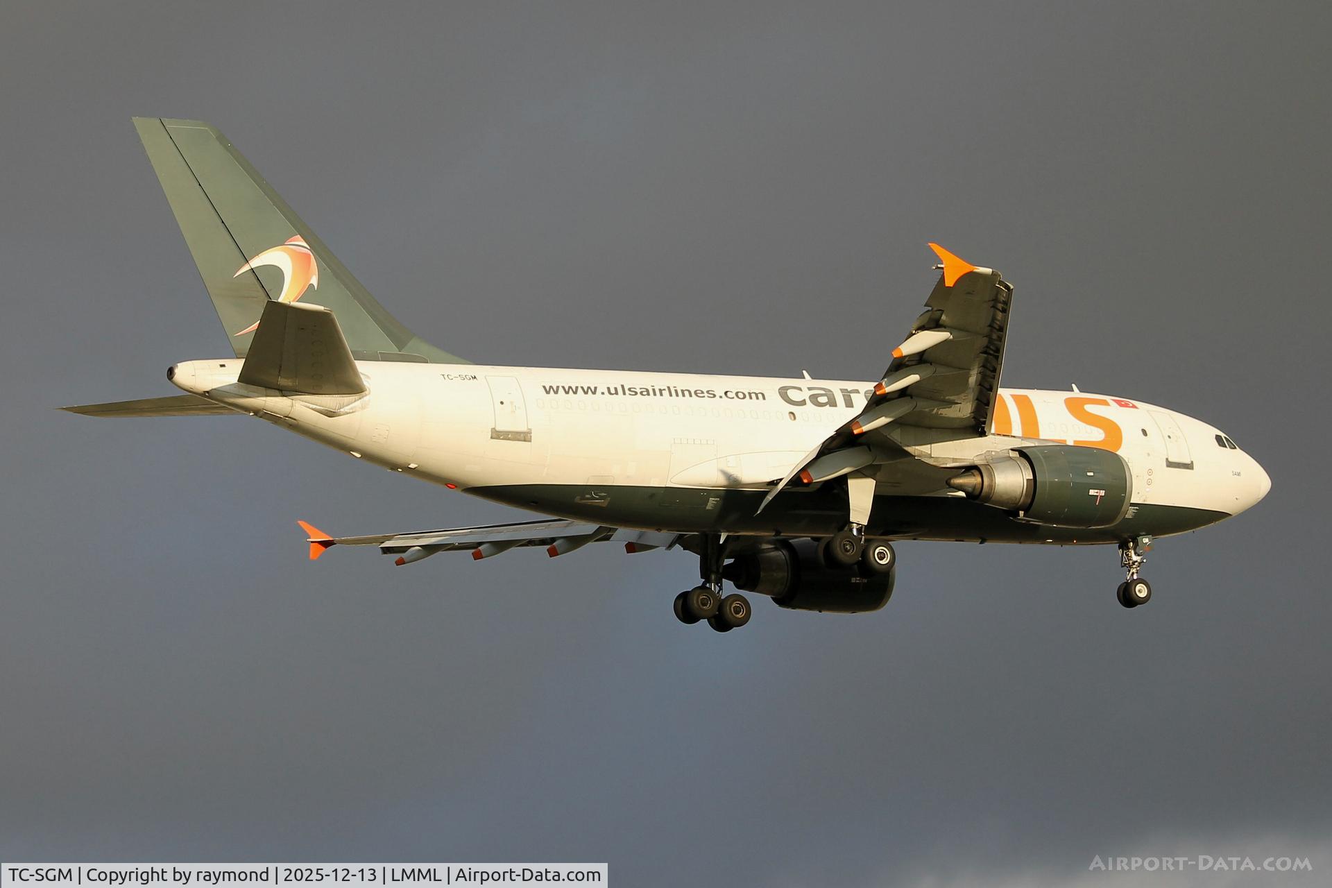 TC-SGM, 1991 Airbus A310-308(F) C/N 592, Airbus A310-308F reg TC-SGM of ULS Airlines Cargo on final approach for RW13 during an approaching storm. Aircraft arrived from Istanbul.