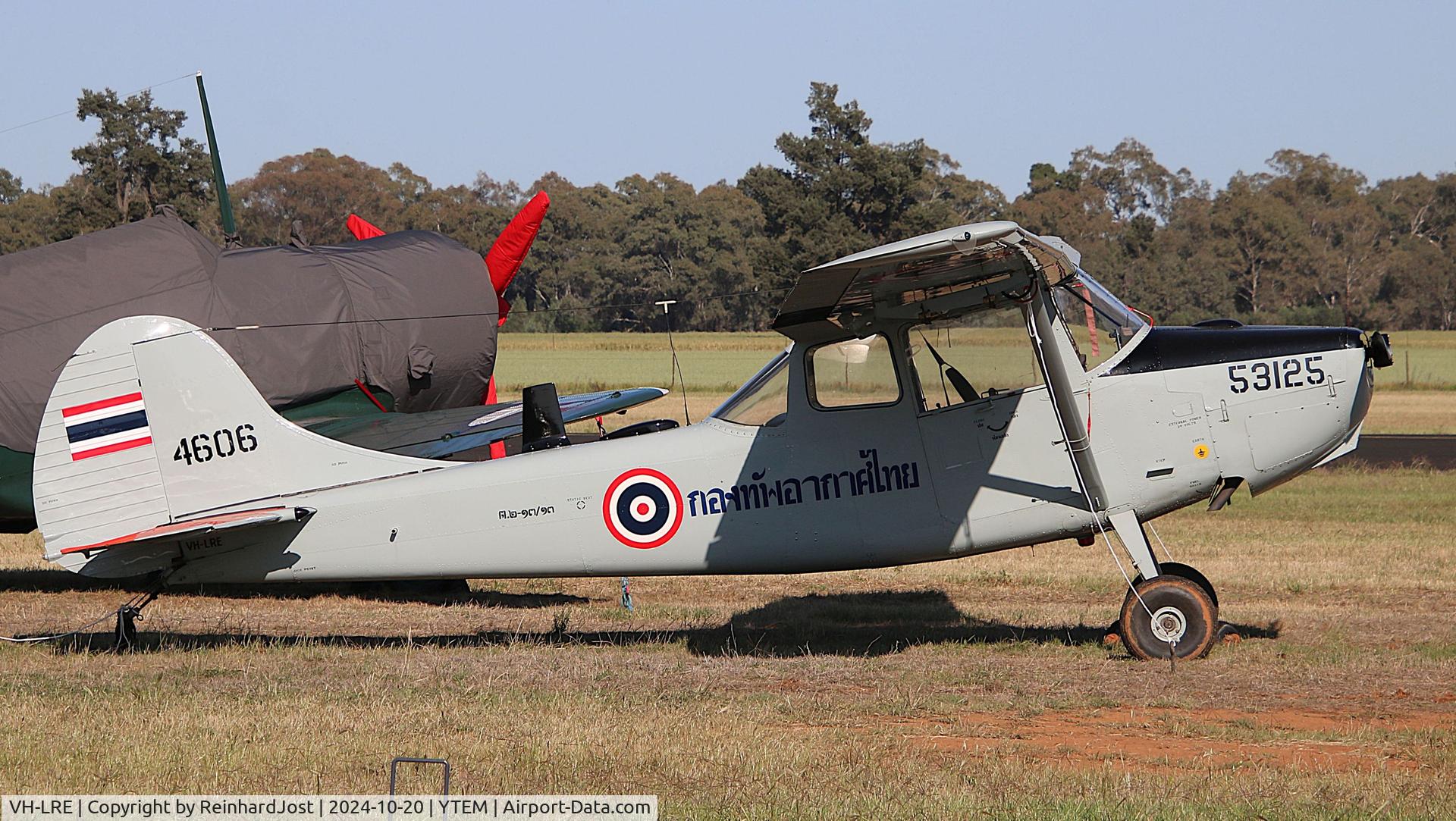 VH-LRE, 1952 Cessna O-1A Bird Dog C/N 21491, Bird Dog with Thai Air Force titles in Thai letters on starboard side at Warbirds Downunder, Temora, NSW