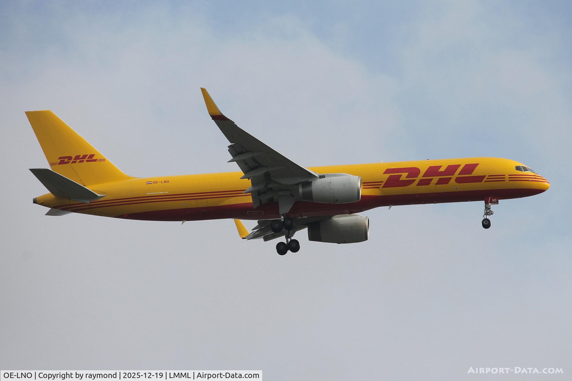 OE-LNO, 1998 Boeing 757-223F C/N 29590, DHL Austria Boeing 757-223F reg OE-LNO landing in Malta RW13 from Milan Malpensa.